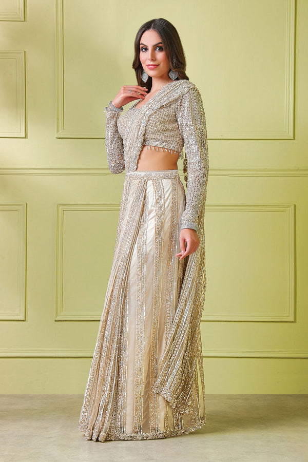 Beige Hand embroidered top and stitched saree