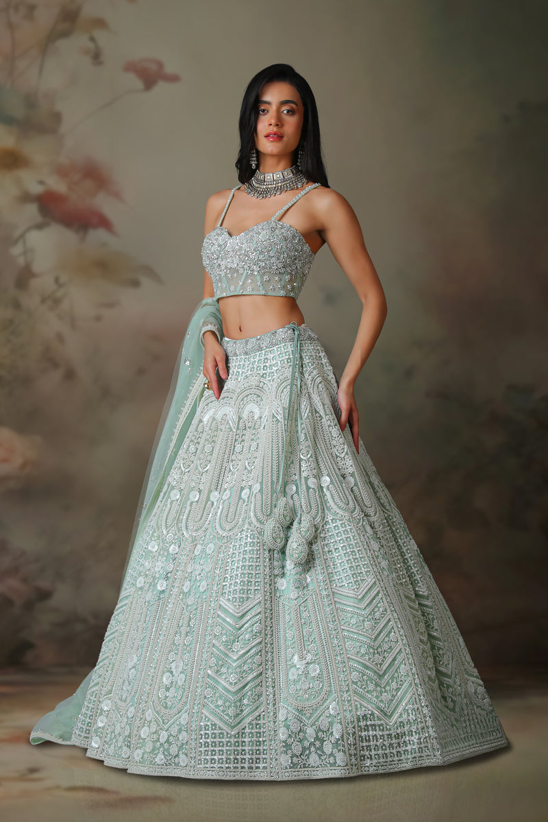 LIGHT GREEN TOP WITH EMB KALI LEHENGA SET