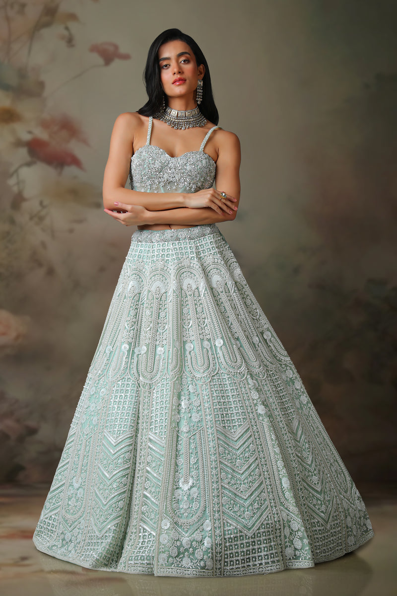 LIGHT GREEN TOP WITH EMB KALI LEHENGA SET