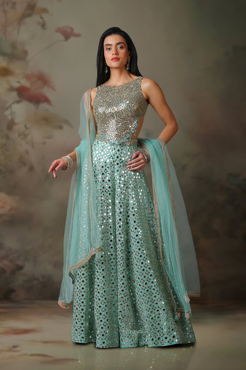 ICE BLUE MIRROR BLOUSE WITH SHARARA