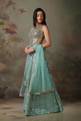 ICE BLUE MIRROR BLOUSE WITH SHARARA