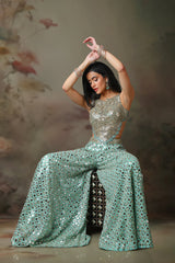 ICE BLUE MIRROR BLOUSE WITH SHARARA