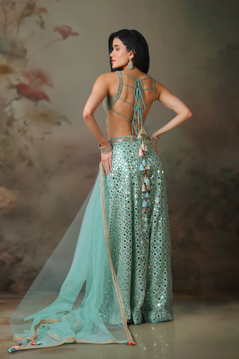 ICE BLUE MIRROR BLOUSE WITH SHARARA