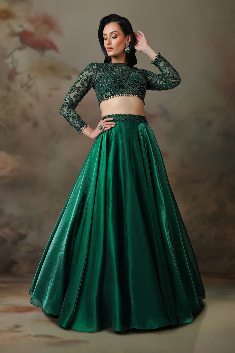 GREEN EMB TOP WITH JIMMY CHOO SKIRT