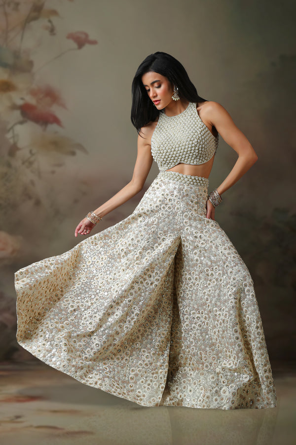 IVORY PEARL TOP WITH IVORY  SHARARA