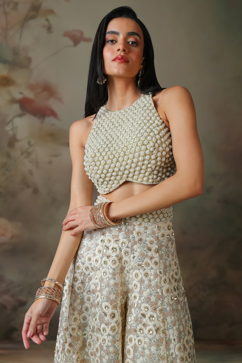 IVORY PEARL TOP WITH IVORY  SHARARA