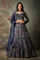 NAVY BLUE TOP FEATHER ON SLEEVES WITH EMB KALI SKIRT