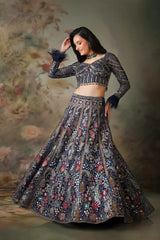 NAVY BLUE TOP FEATHER ON SLEEVES WITH EMB KALI SKIRT