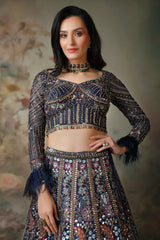 NAVY BLUE TOP FEATHER ON SLEEVES WITH EMB KALI SKIRT