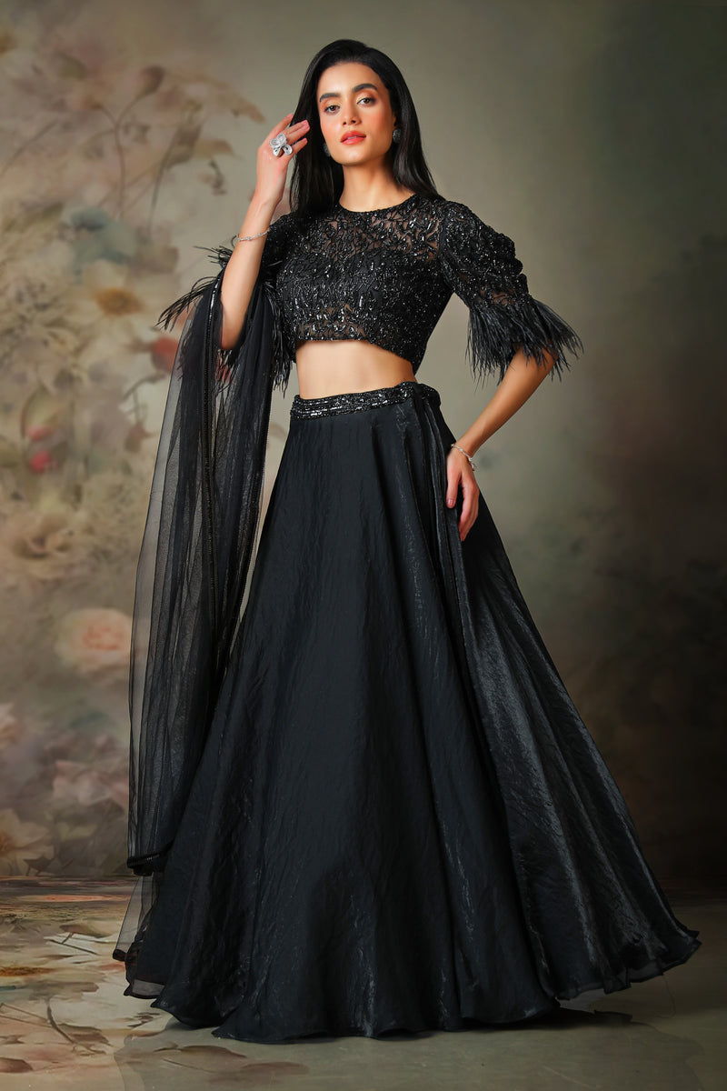 BLACK TOP FEATHER ON SLEEVE WITH FANDY SKIRT