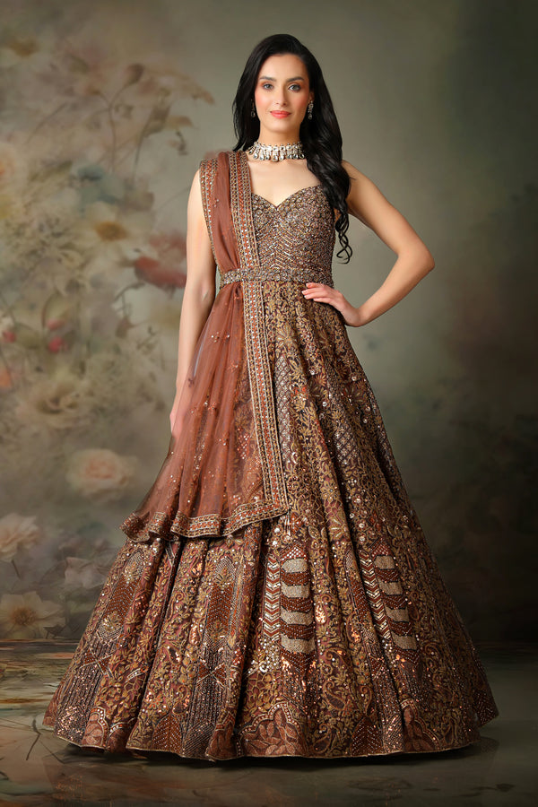 BROWN EMB KALI GOWN WITH BELT