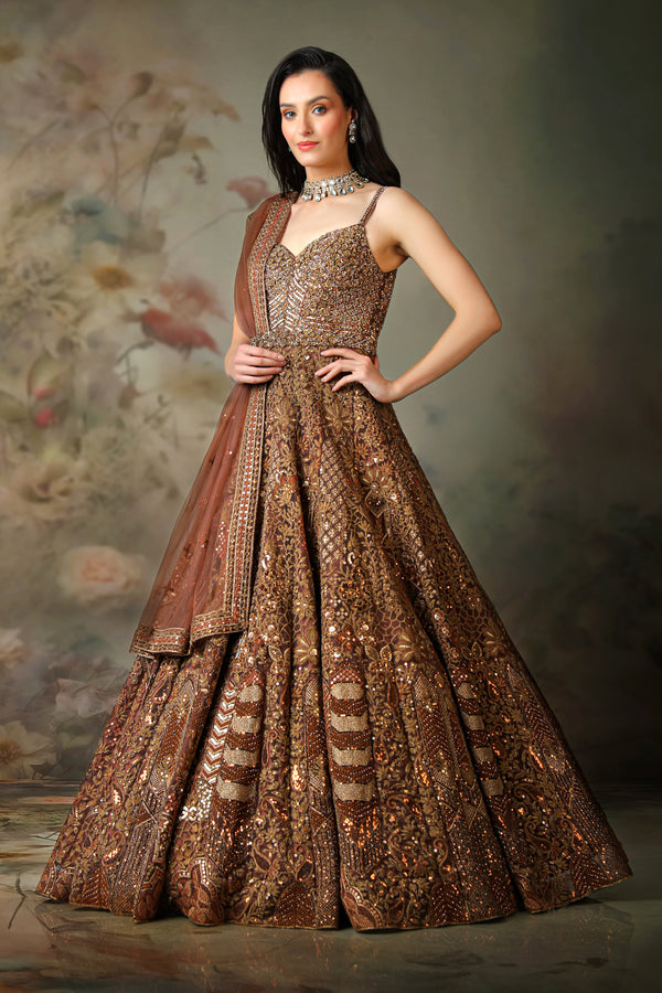 BROWN EMB KALI GOWN WITH BELT