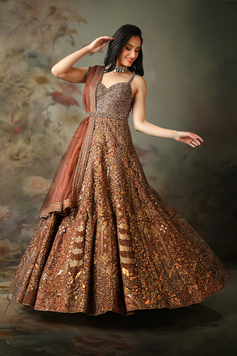 BROWN EMB KALI GOWN WITH BELT