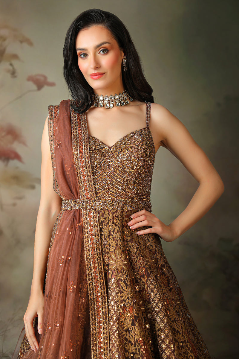 BROWN EMB KALI GOWN WITH BELT