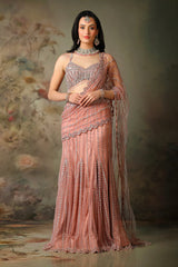 PINK NET EMB STRICHED SAREE