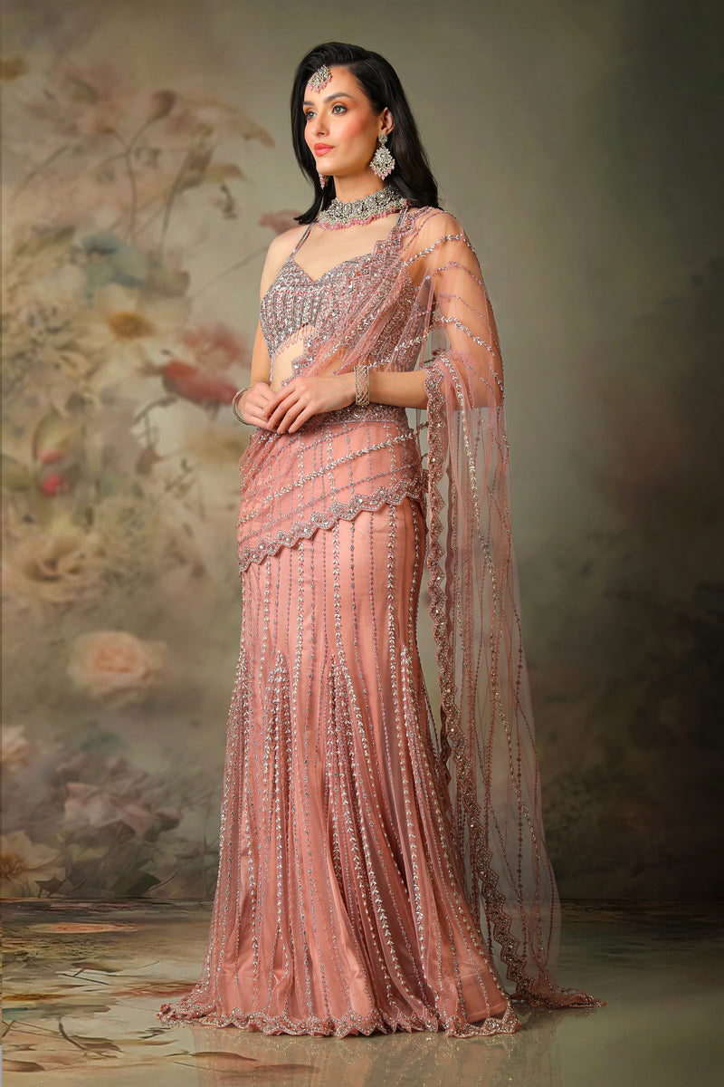 PINK NET EMB STRICHED SAREE