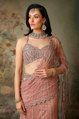 PINK NET EMB STRICHED SAREE