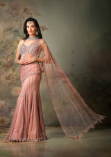 PINK NET EMB STRICHED SAREE