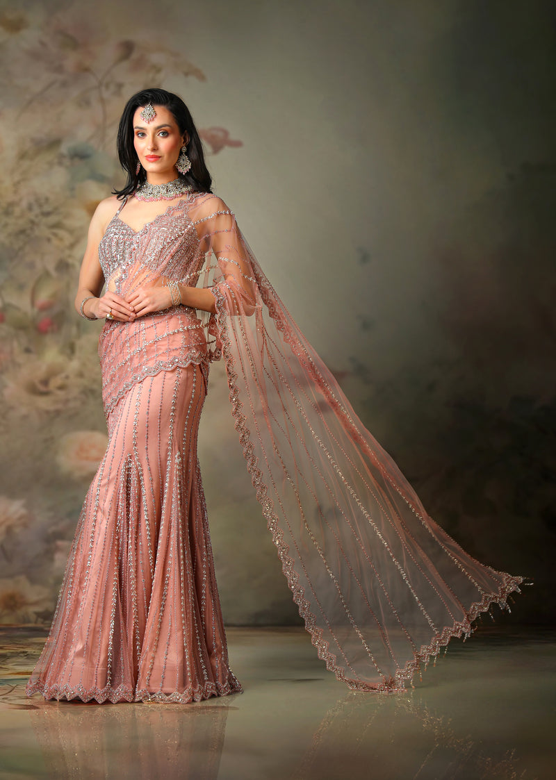 PINK NET EMB STRICHED SAREE