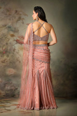 PINK NET EMB STRICHED SAREE