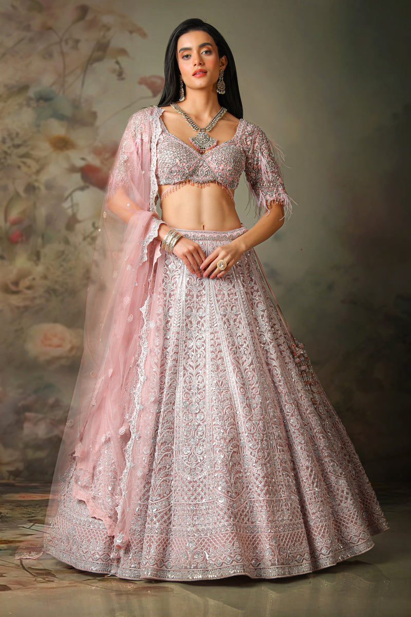 PINK TOP FEATHER ON SLEEVES WITH EMB KALI SKIRT