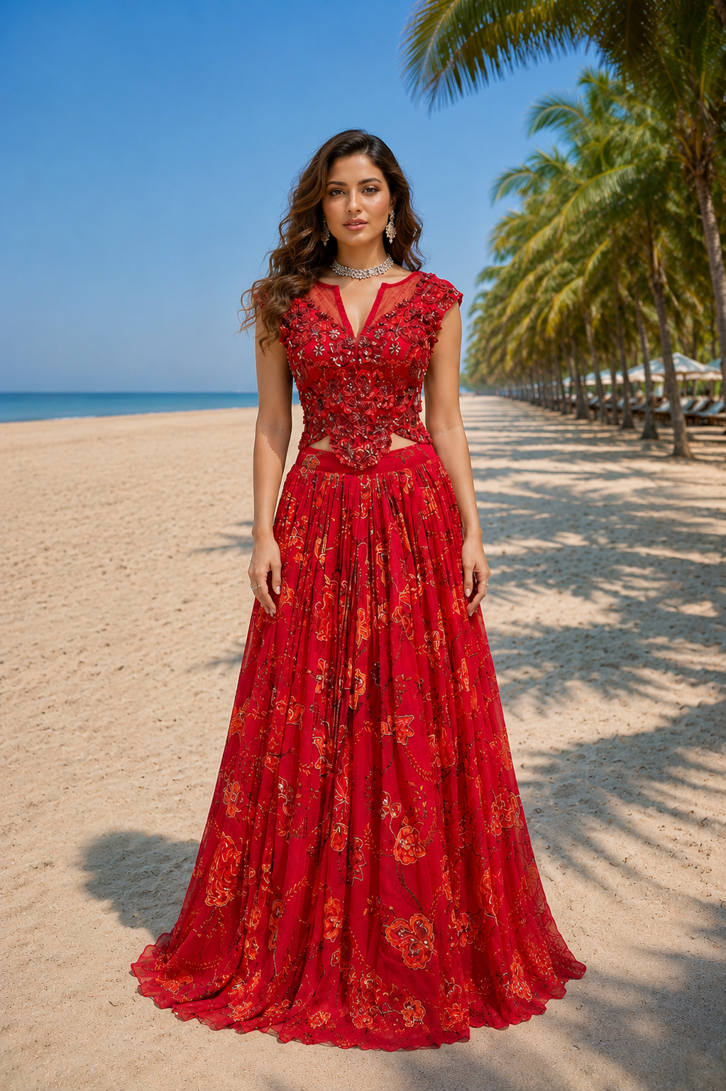 Red embroidered top & RED FLORAL PRINTED Lehenga set with organza printed dupatta