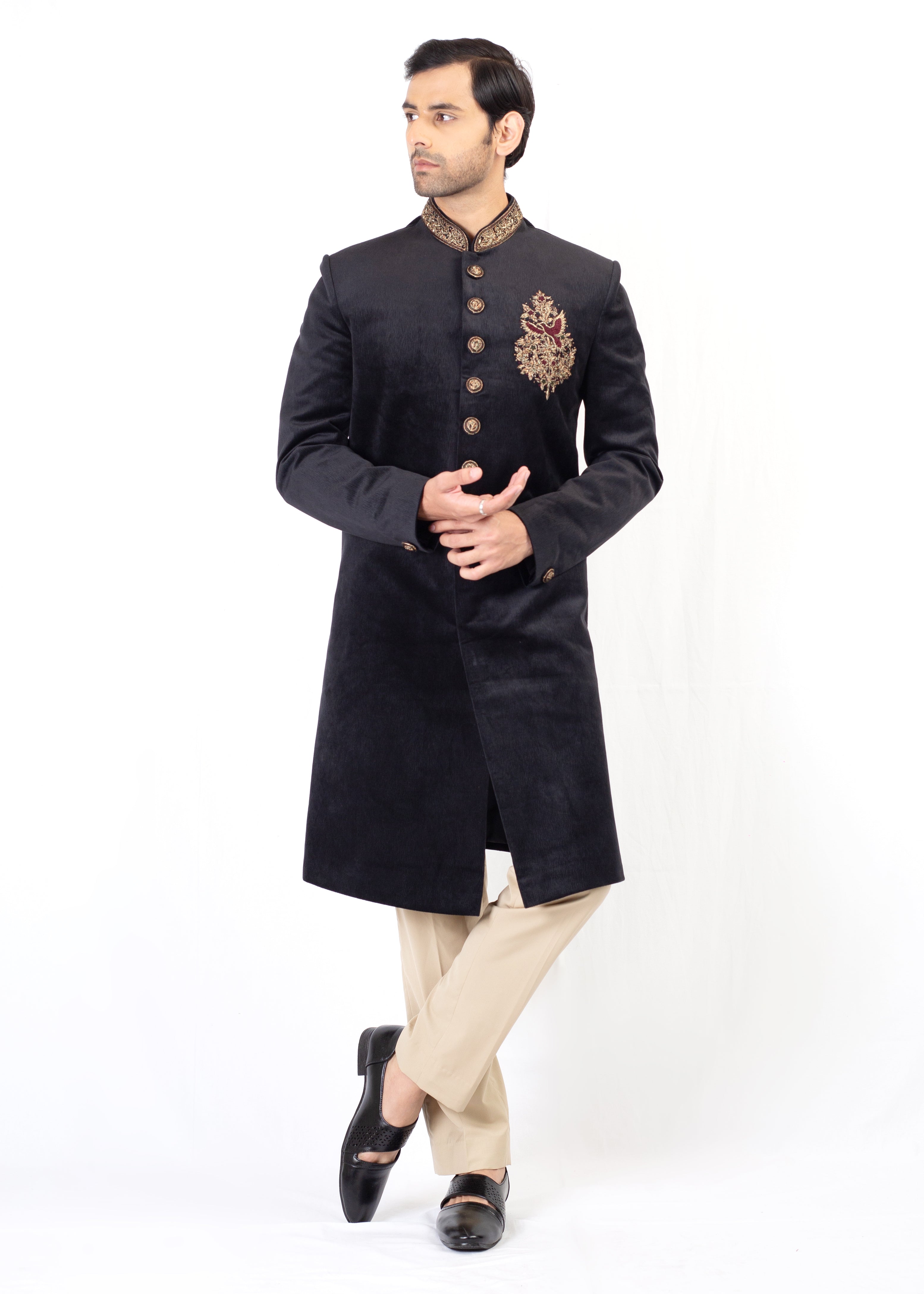 BLACK KURTA SHERWANI WITH LIGHT GOLD TROUSER & STOLE