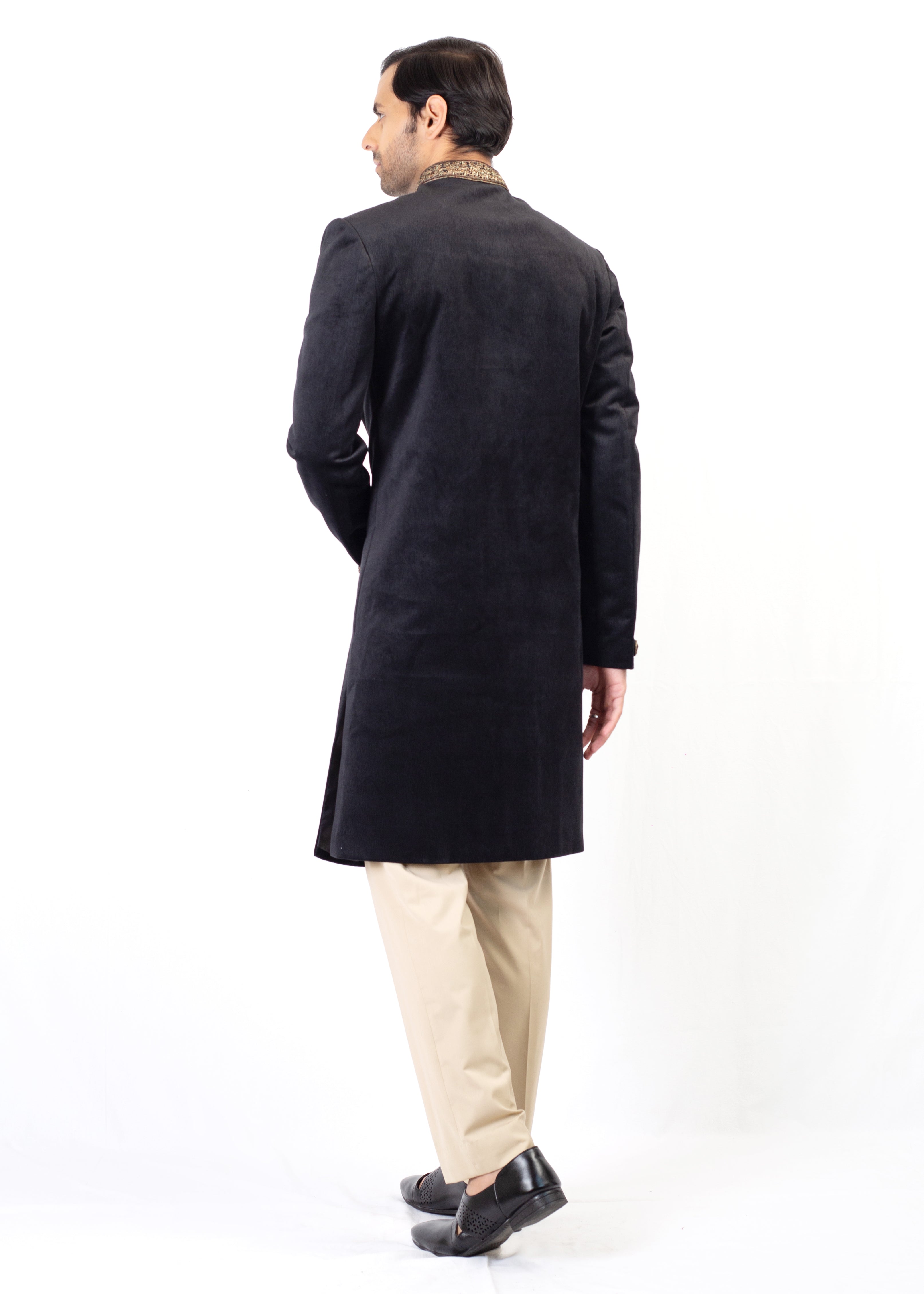 BLACK KURTA SHERWANI WITH LIGHT GOLD TROUSER & STOLE