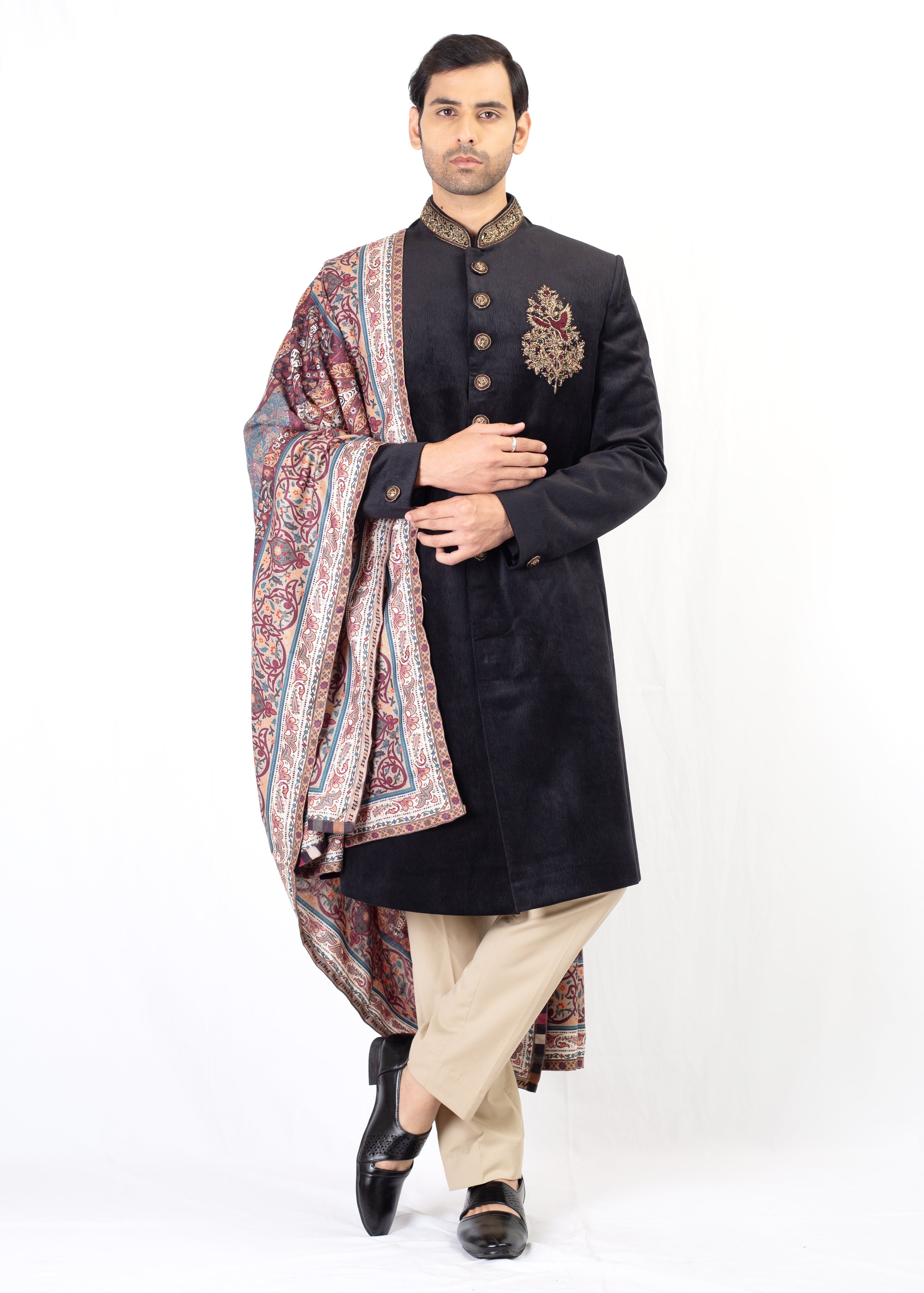 BLACK KURTA SHERWANI WITH LIGHT GOLD TROUSER & STOLE
