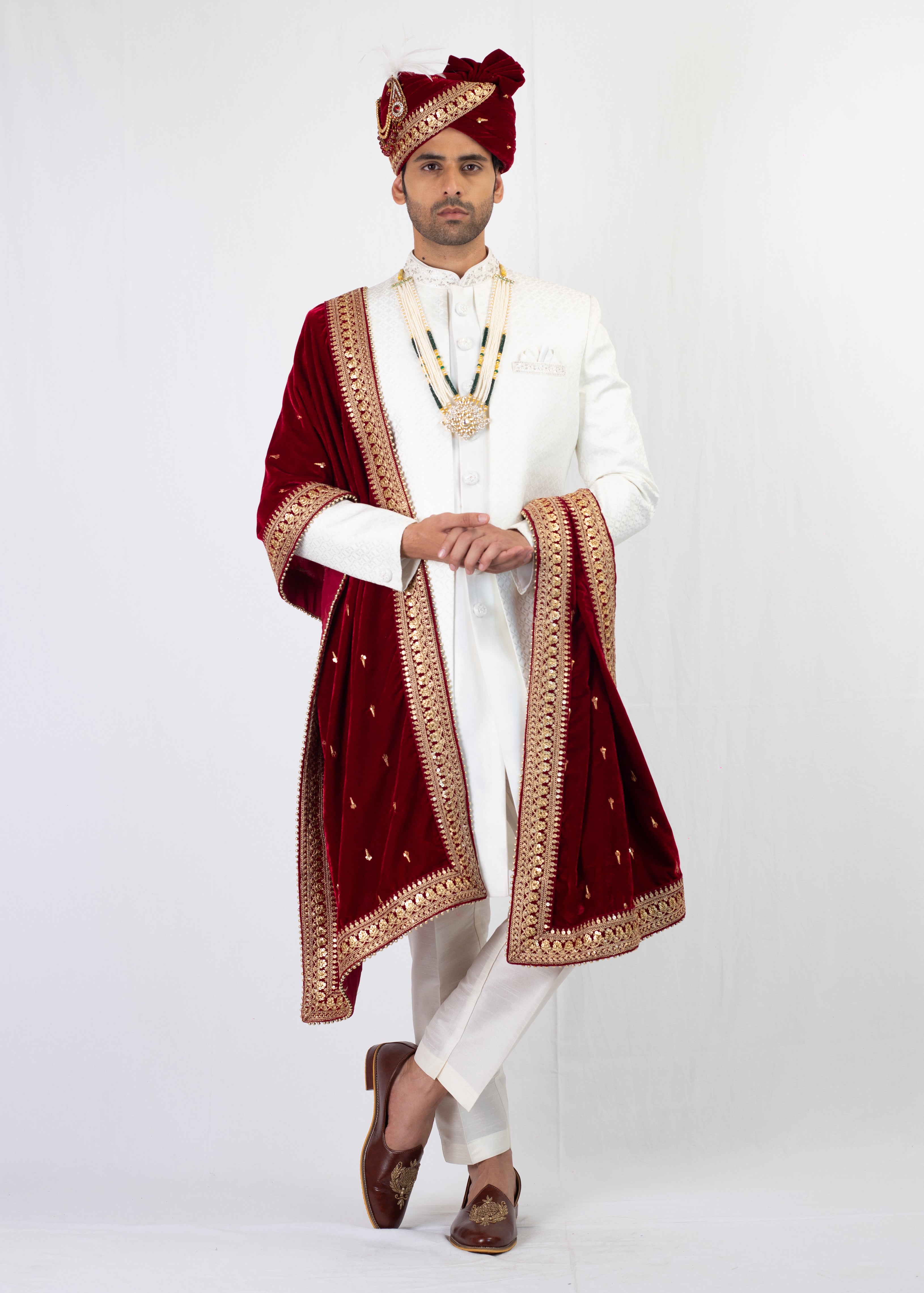 WHITE EMBROIDERY SHERWANI WITH TROUSER