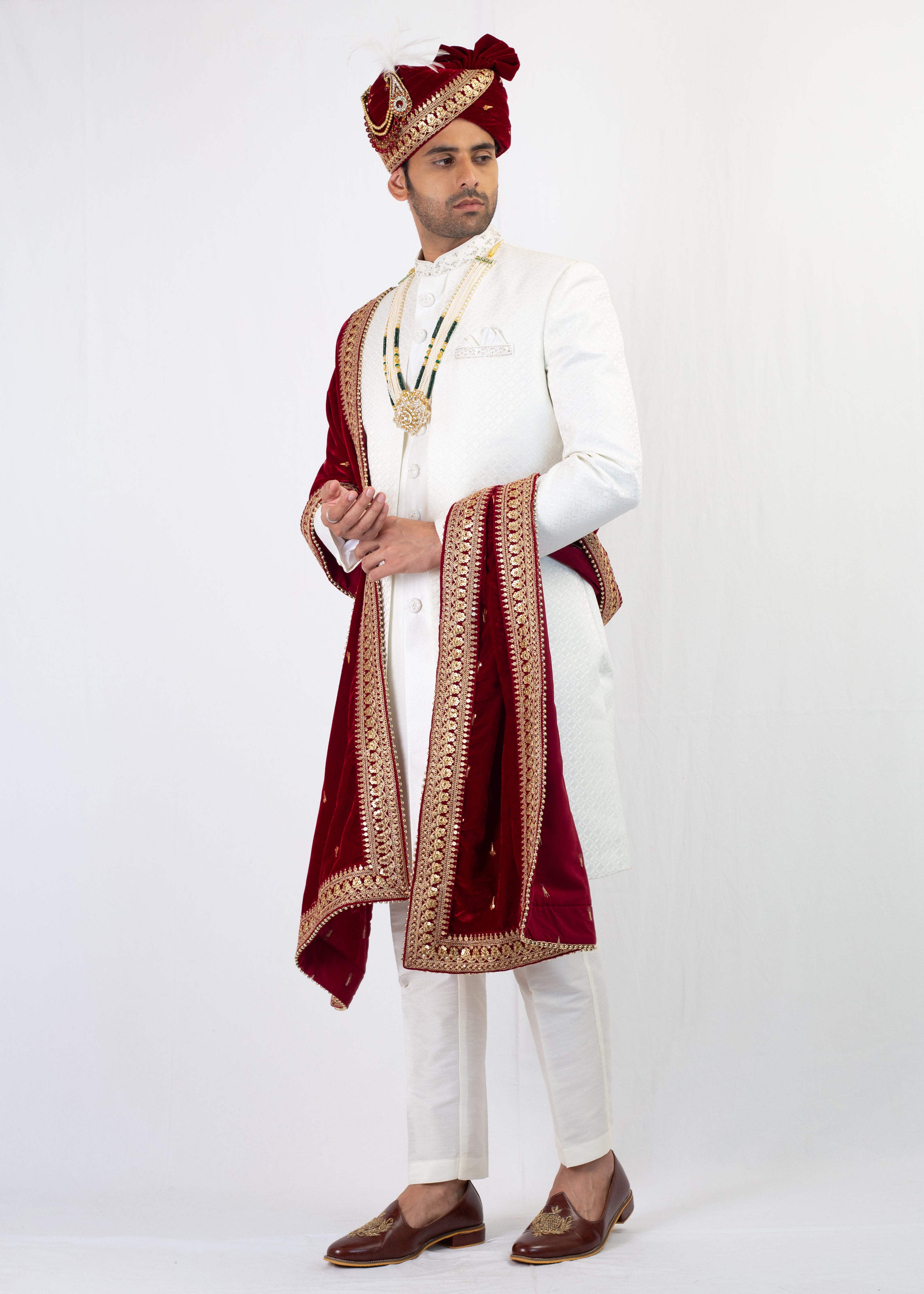 WHITE EMBROIDERY SHERWANI WITH TROUSER