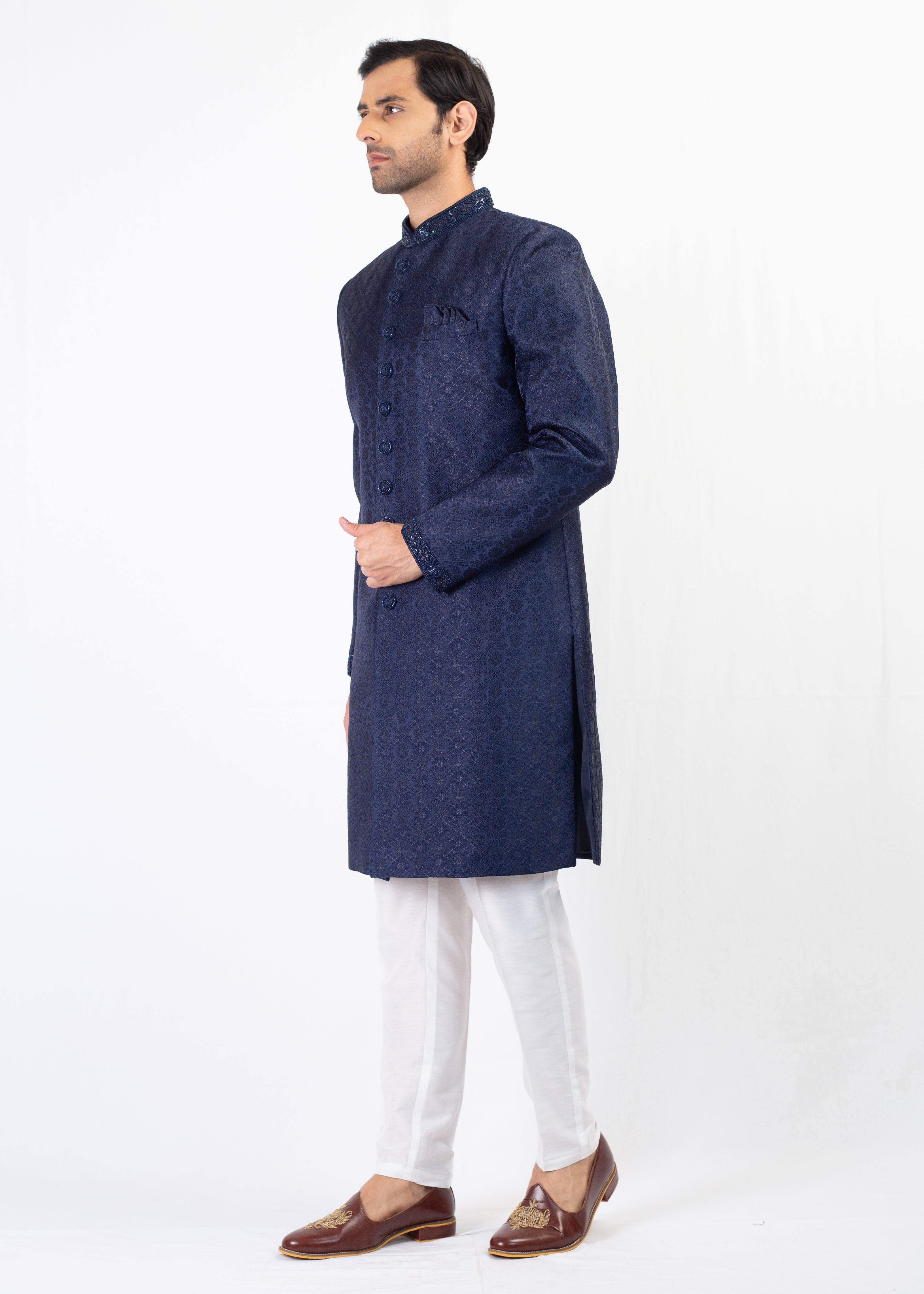 NAVY BLUE EMBROIDERY SHERWANI WITH WHITE TROUSER