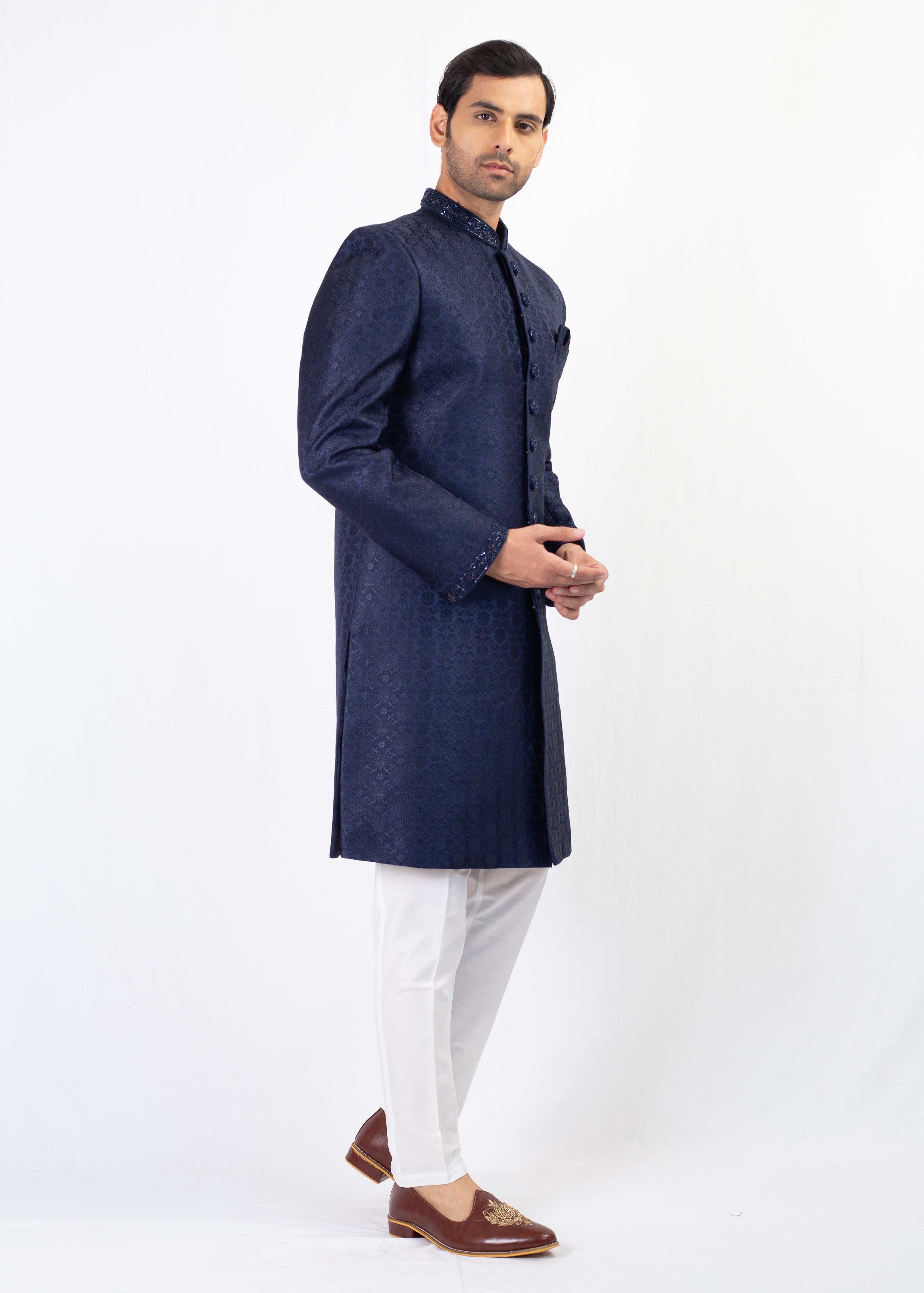NAVY BLUE EMBROIDERY SHERWANI WITH WHITE TROUSER