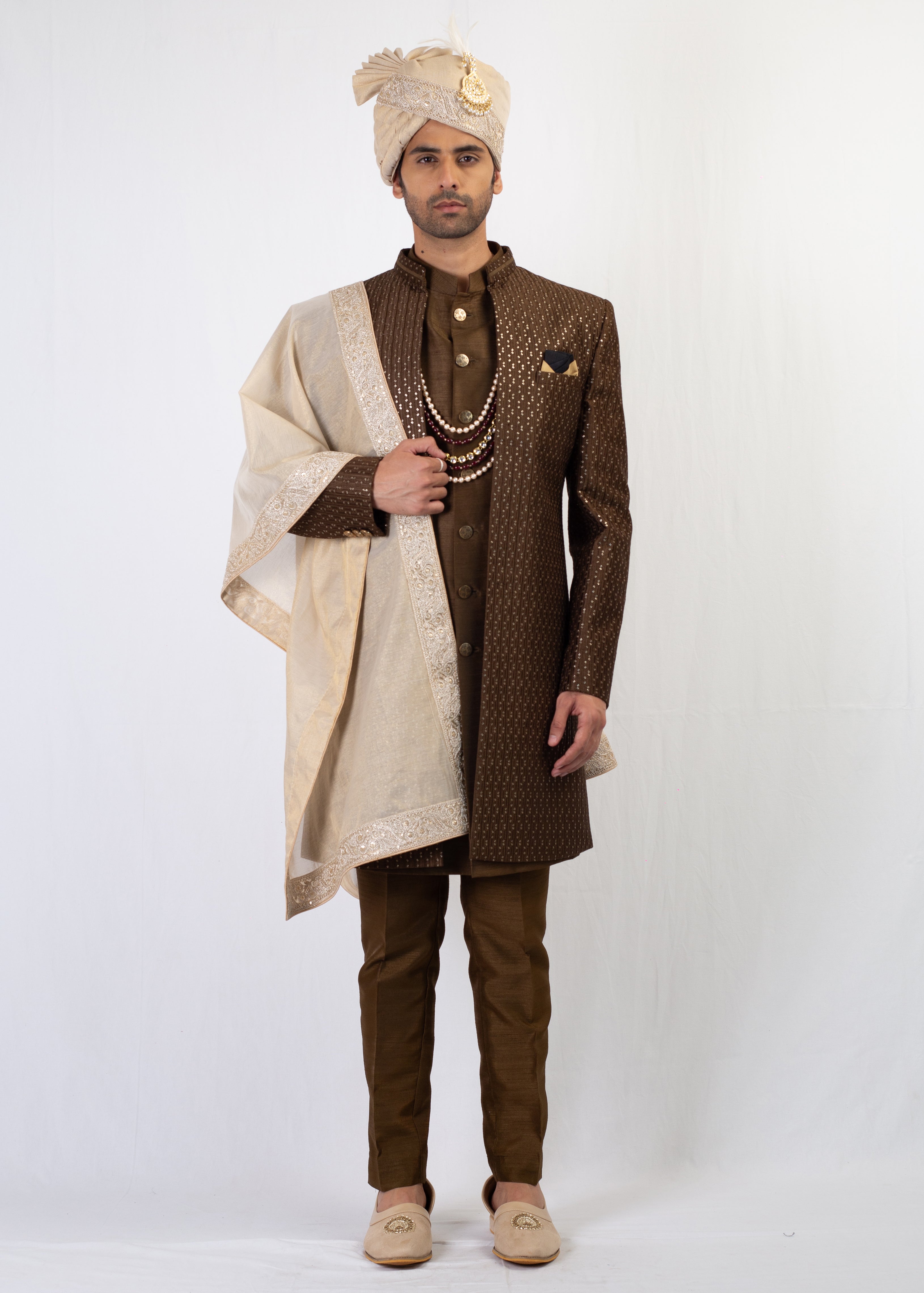 MEHENDI GREEN EMBROIDERY SHERWANI AND KURTA WITH TROUSER