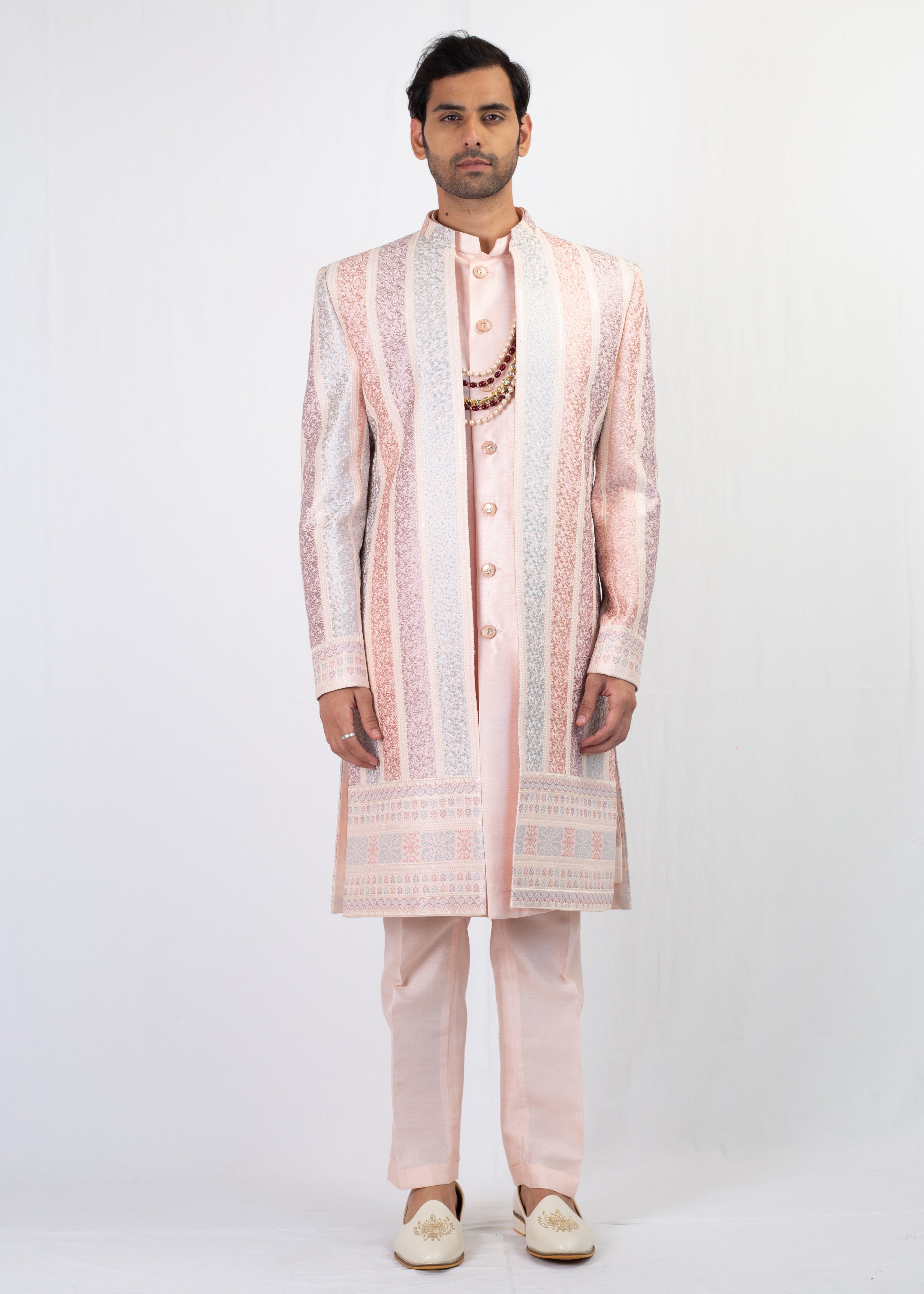 MULTI THREAD PEACH EMBROIDERY SHERWANI WITH KURTA AND TROUSER