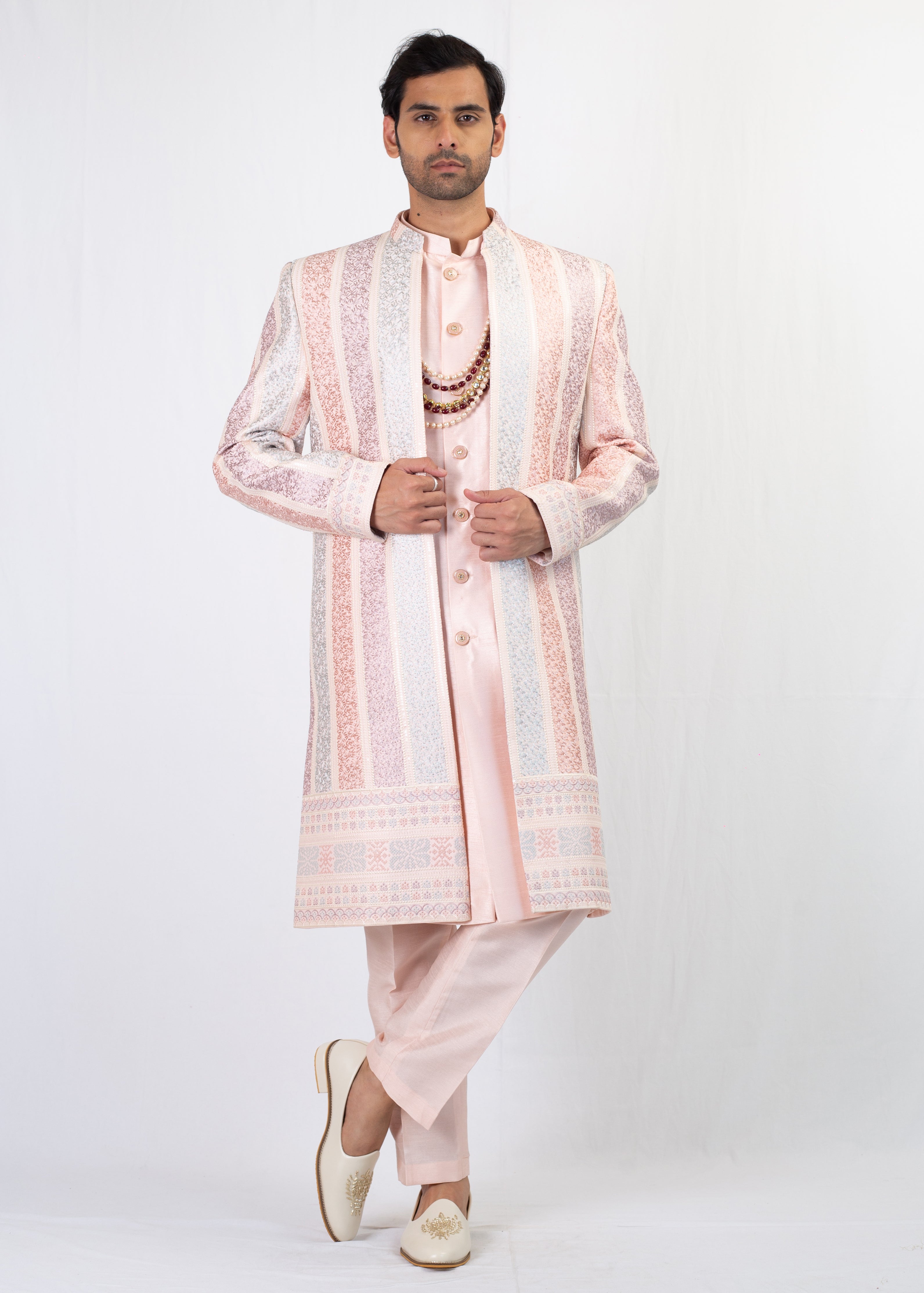 MULTI THREAD PEACH EMBROIDERY SHERWANI WITH KURTA AND TROUSER