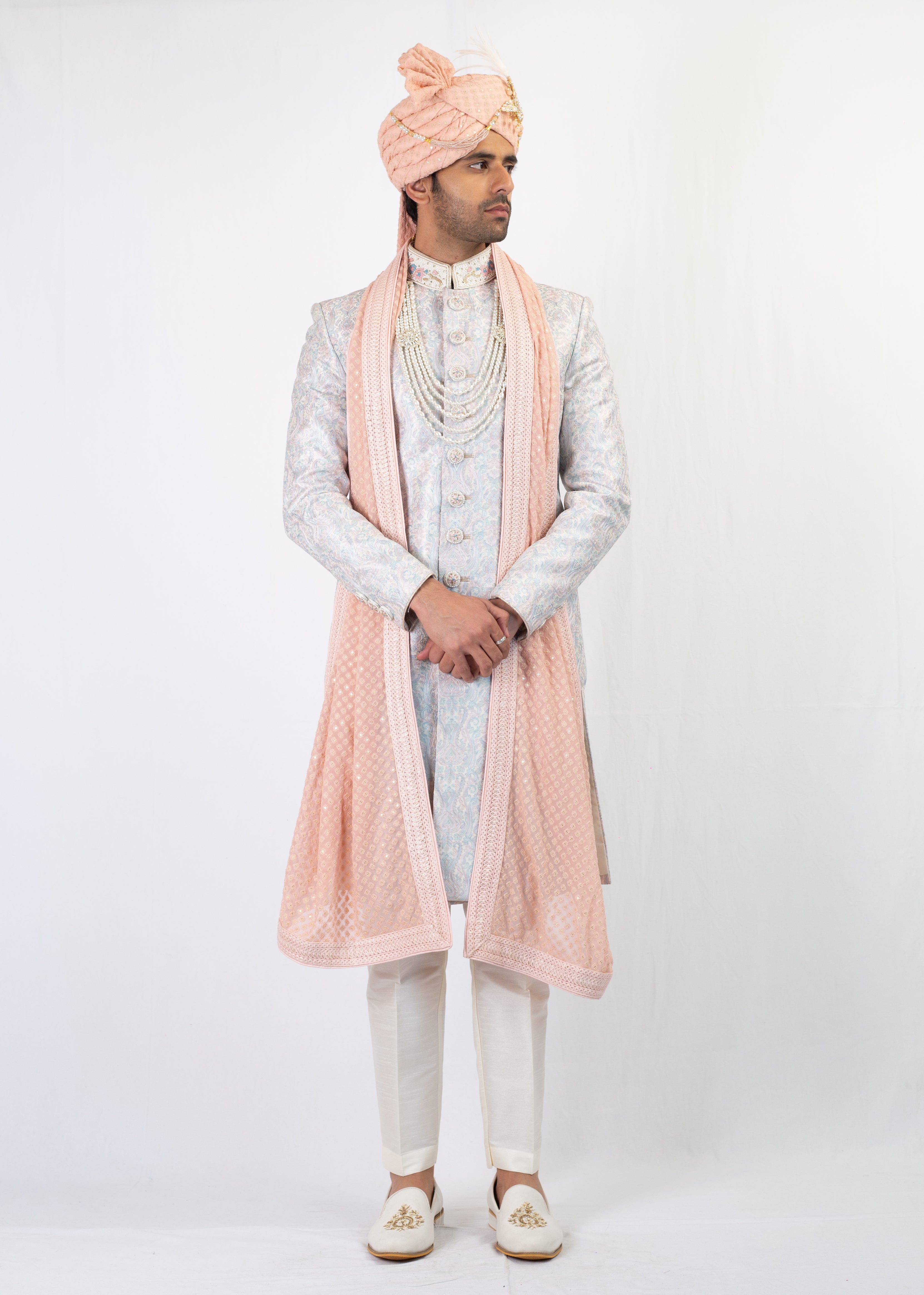 LIGHT GREY EMBROIDERY SHERWANI WITH TROUSER