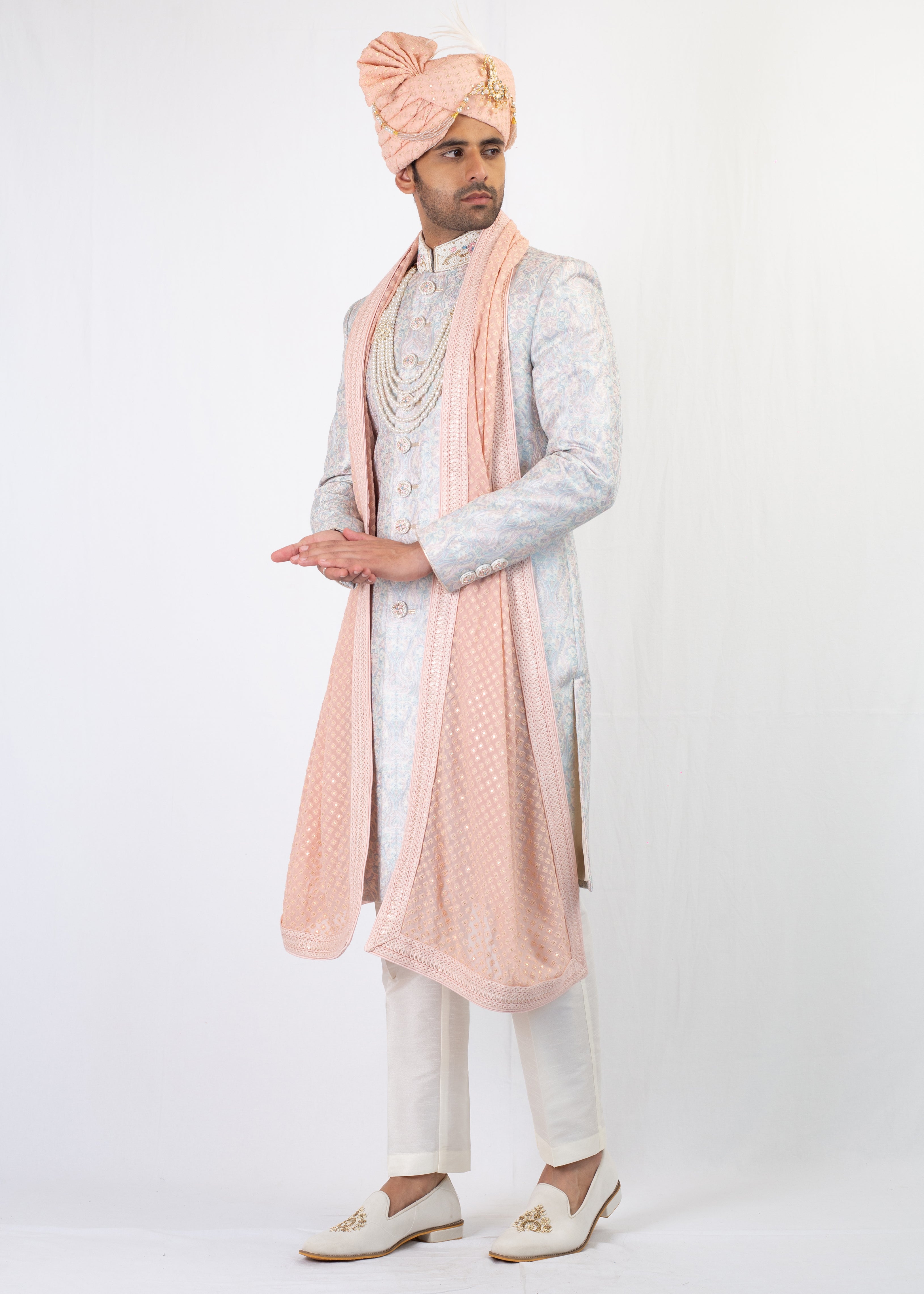 LIGHT GREY EMBROIDERY SHERWANI WITH TROUSER