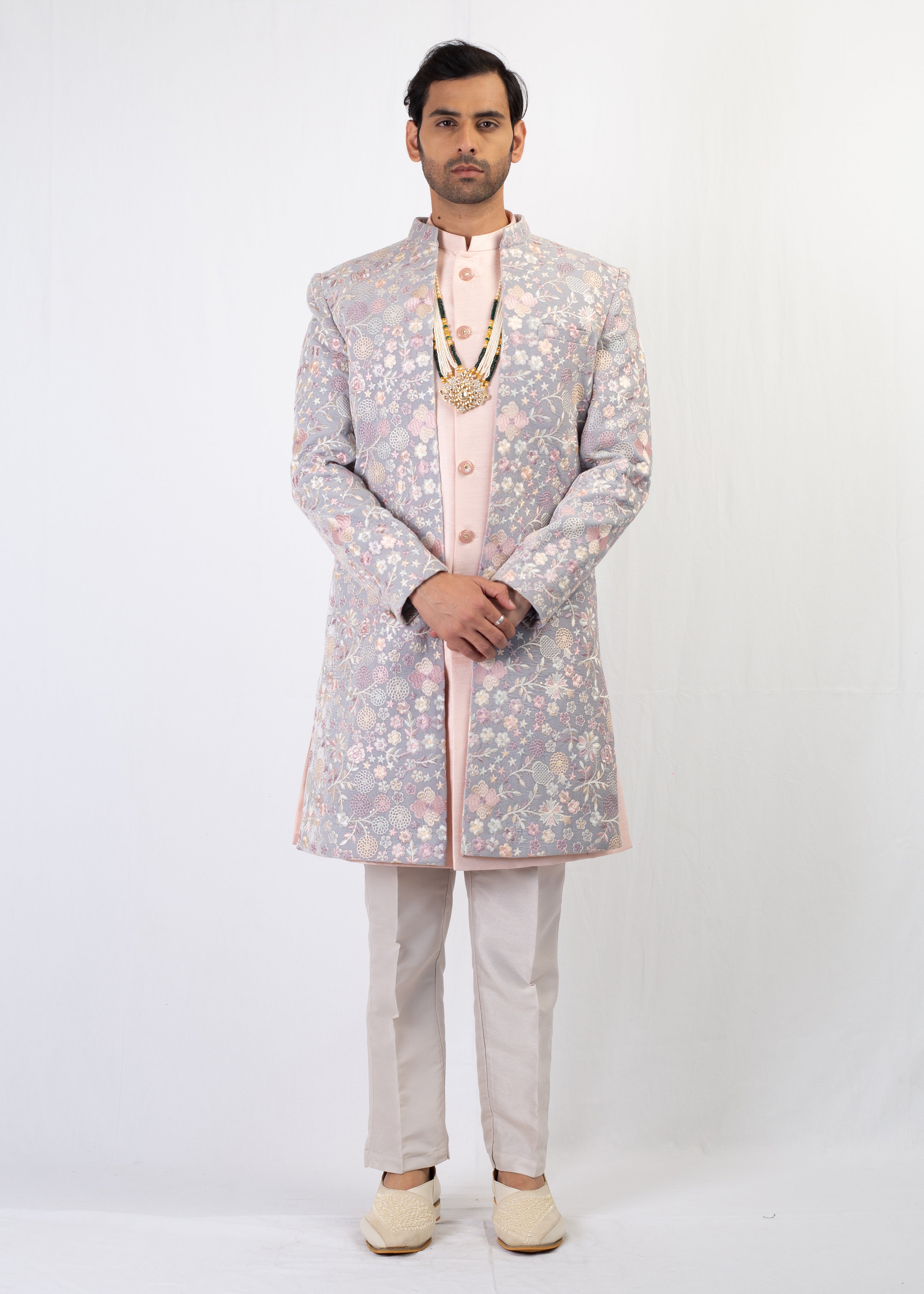 ELEGANT GREY AND PEACH EMBROIDERY SHERWANI AND KURTA WITH TROUSER