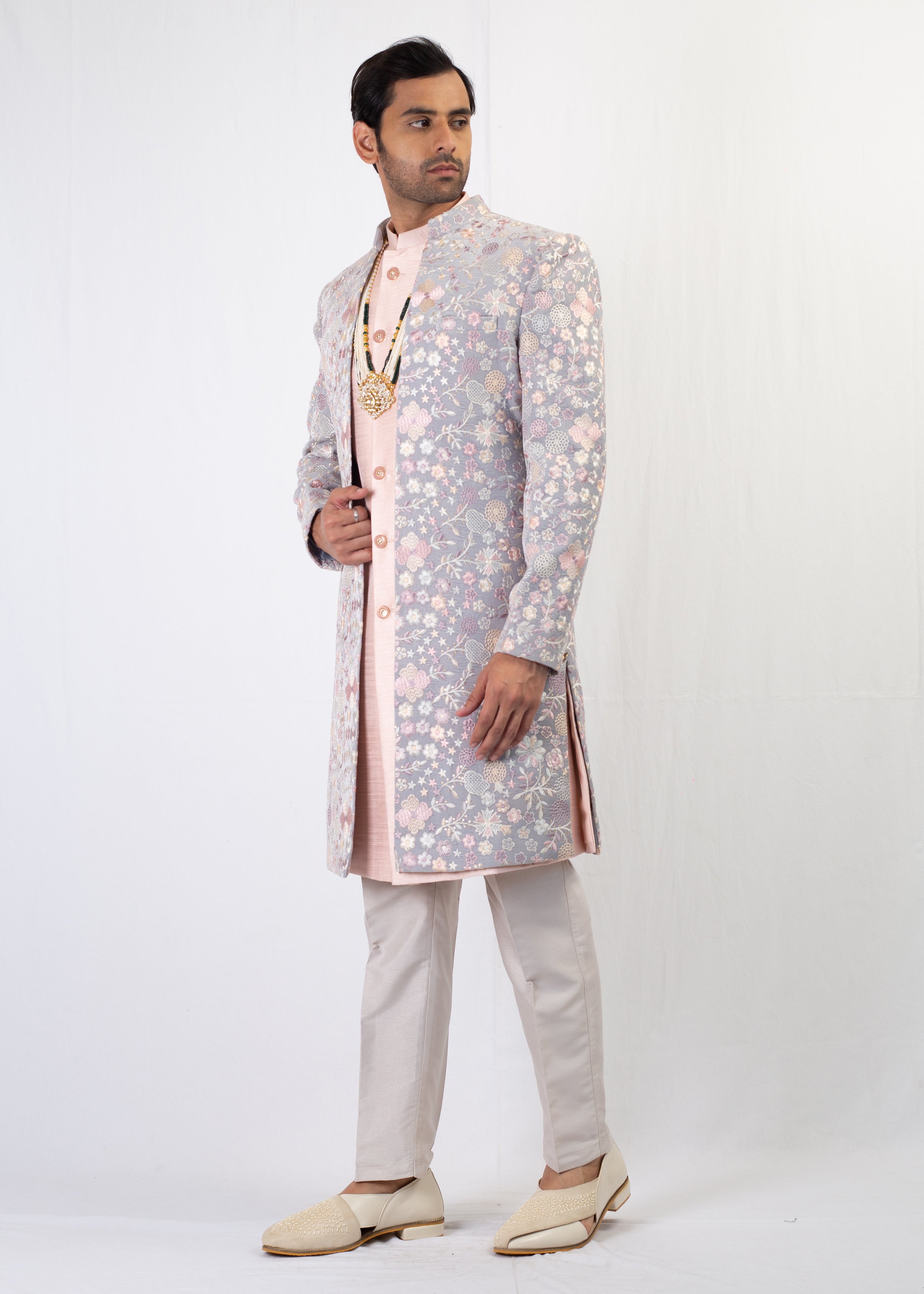 ELEGANT GREY AND PEACH EMBROIDERY SHERWANI AND KURTA WITH TROUSER