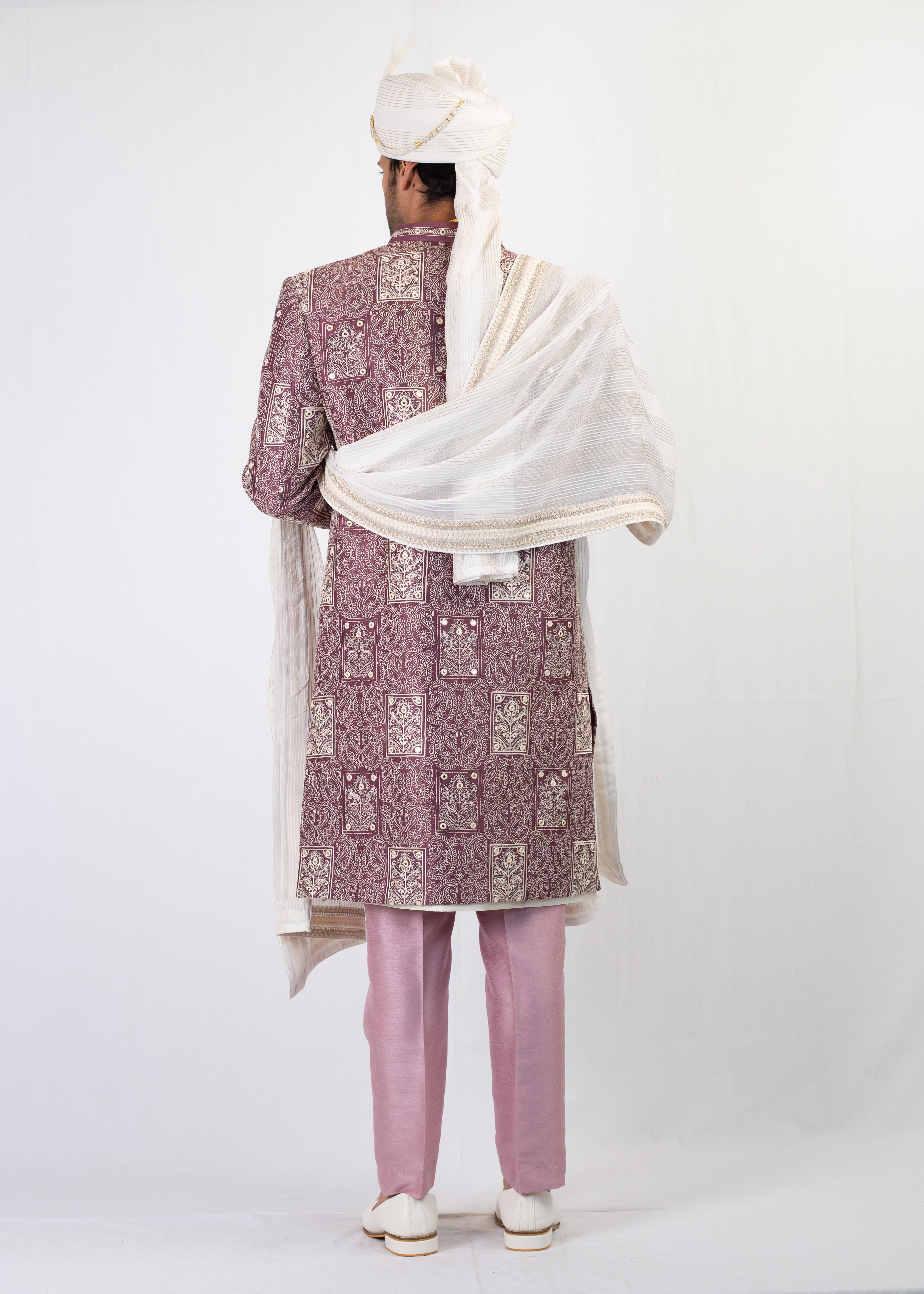 ELEGANT MAUVE WITH WHITE SHERWANI AND KURTA WITH TROUSER