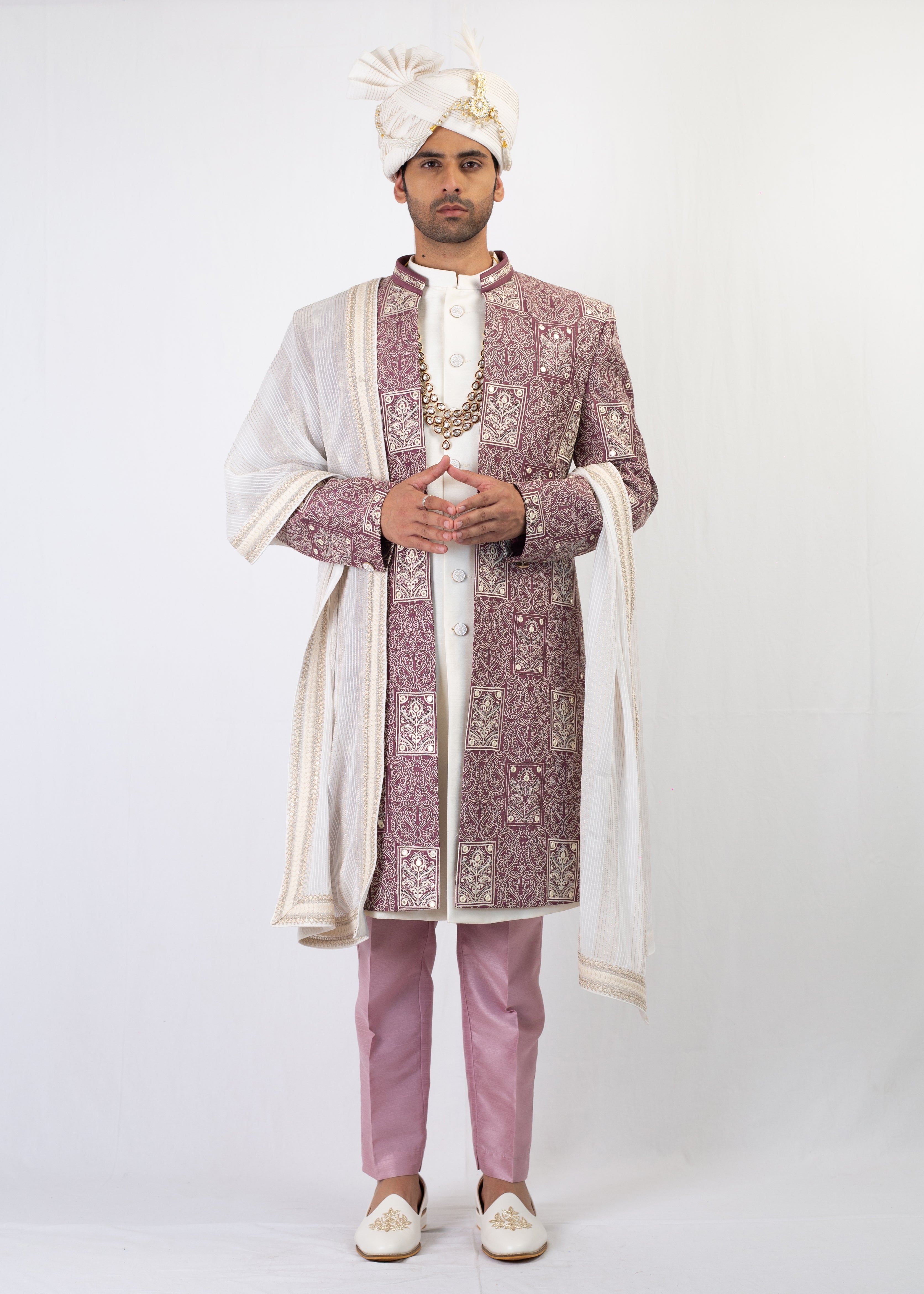 ELEGANT MAUVE WITH WHITE SHERWANI AND KURTA WITH TROUSER