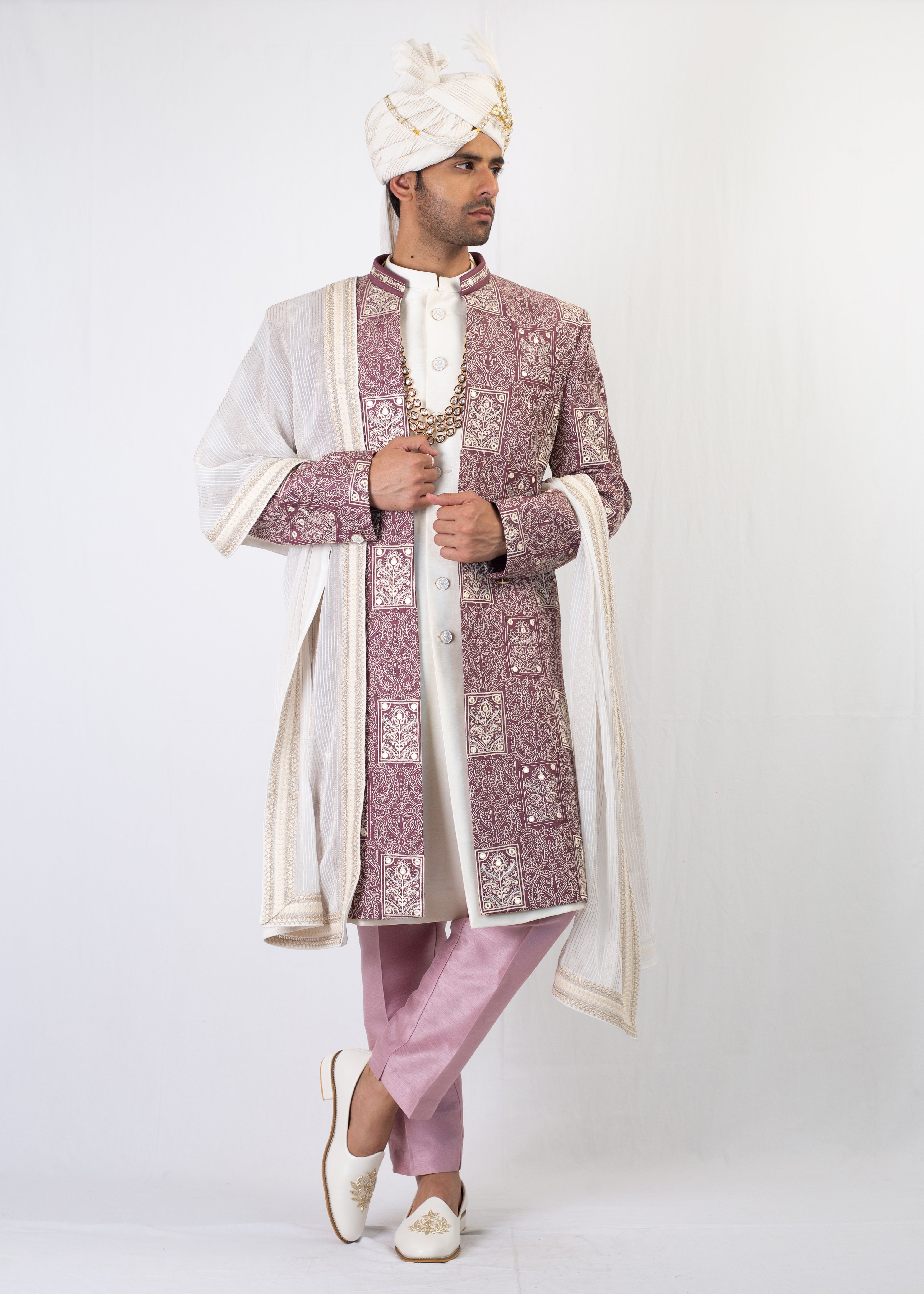 ELEGANT MAUVE WITH WHITE SHERWANI AND KURTA WITH TROUSER