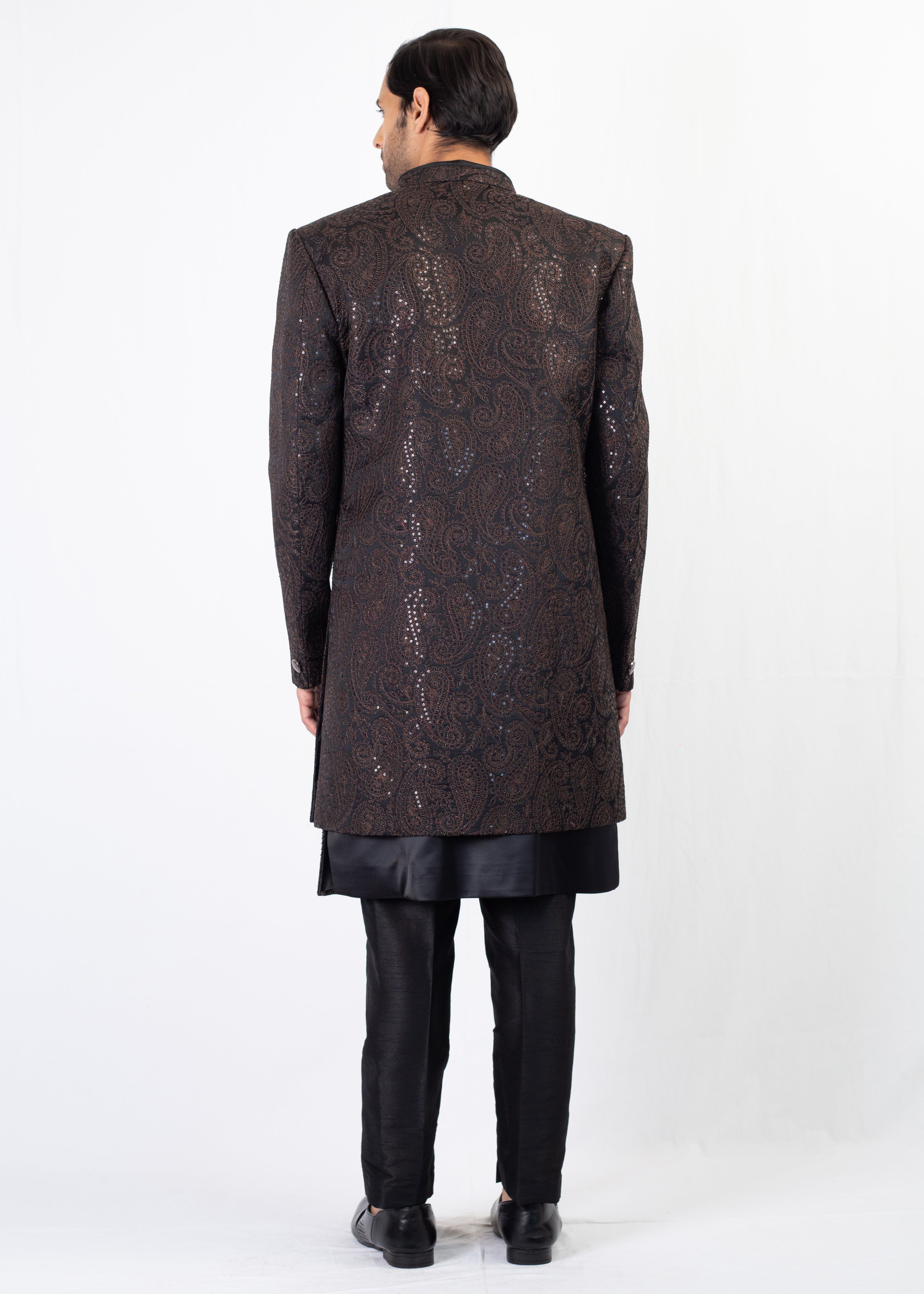 BLACK ELEGANT EMBROIDERY SHERWANI AND KURTA WITH TROUSER
