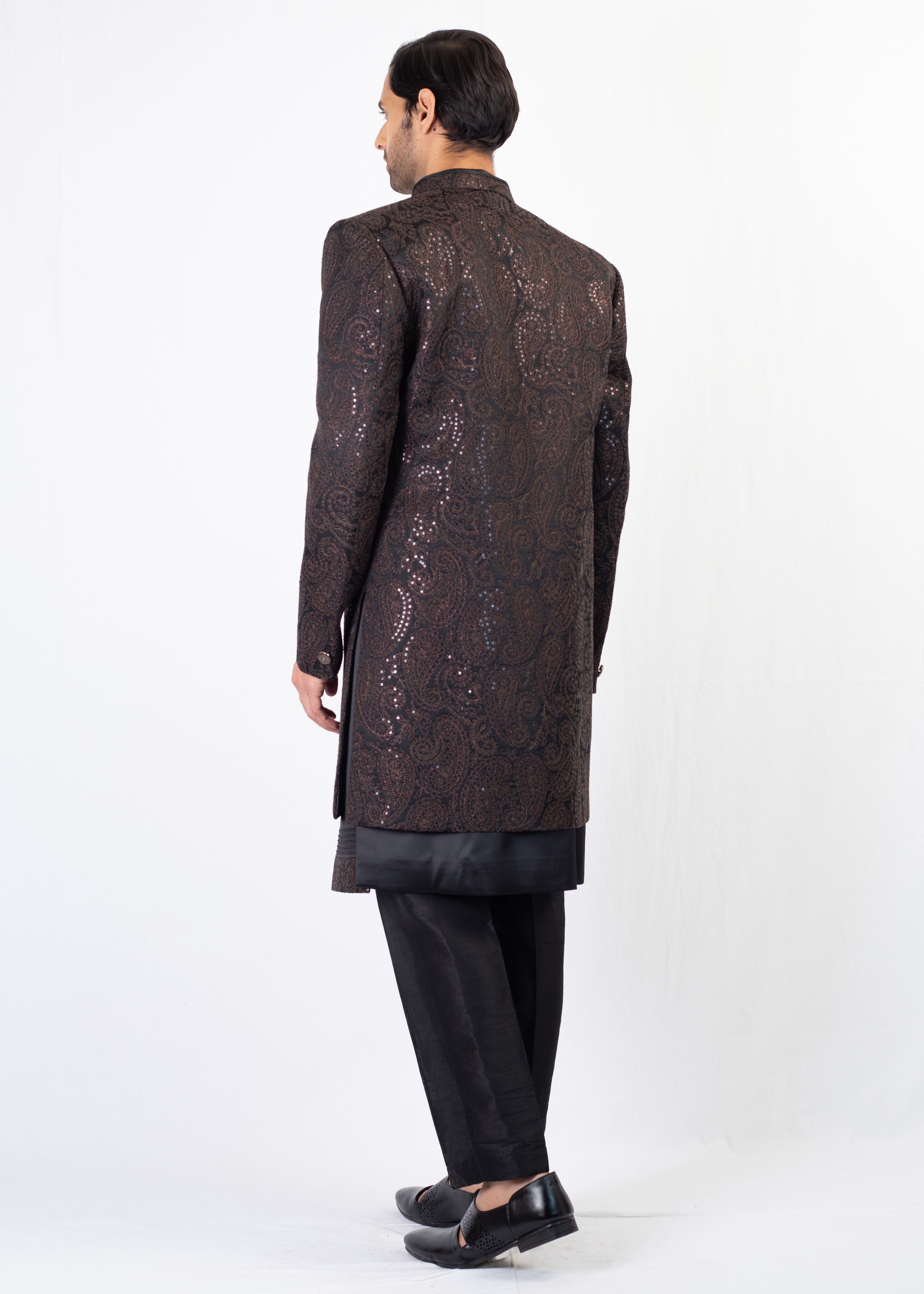 BLACK ELEGANT EMBROIDERY SHERWANI AND KURTA WITH TROUSER
