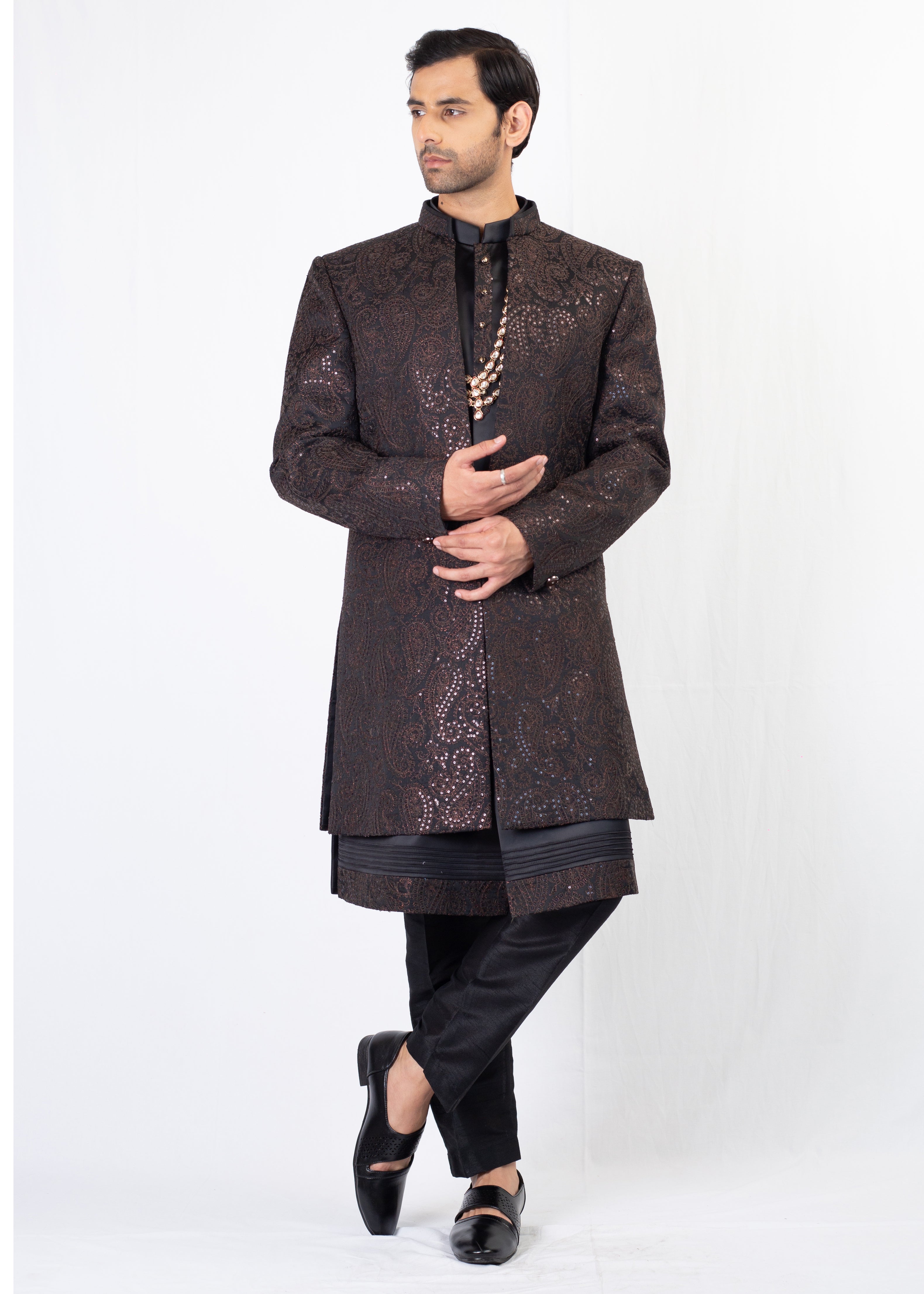 BLACK ELEGANT EMBROIDERY SHERWANI AND KURTA WITH TROUSER