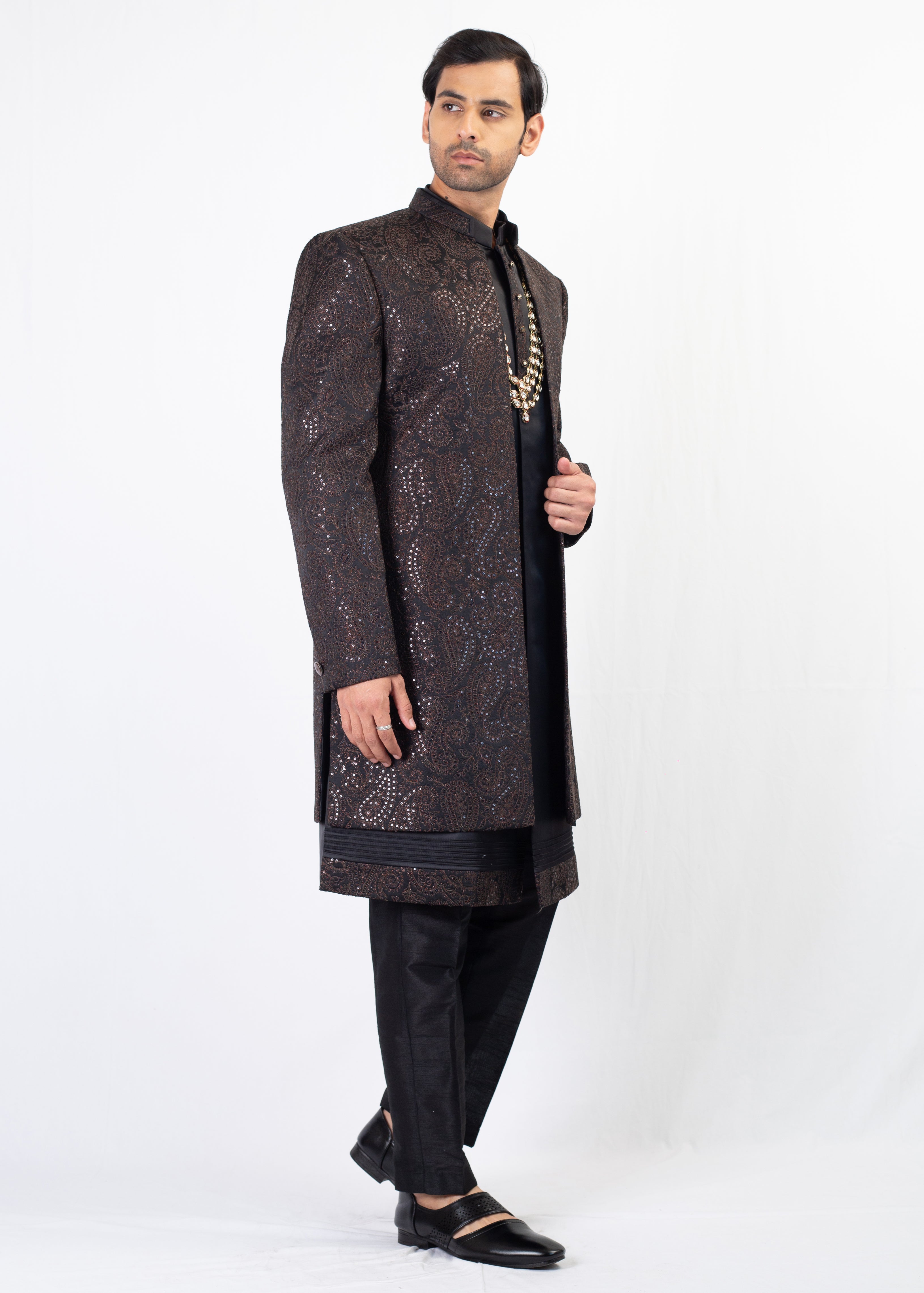 BLACK ELEGANT EMBROIDERY SHERWANI AND KURTA WITH TROUSER