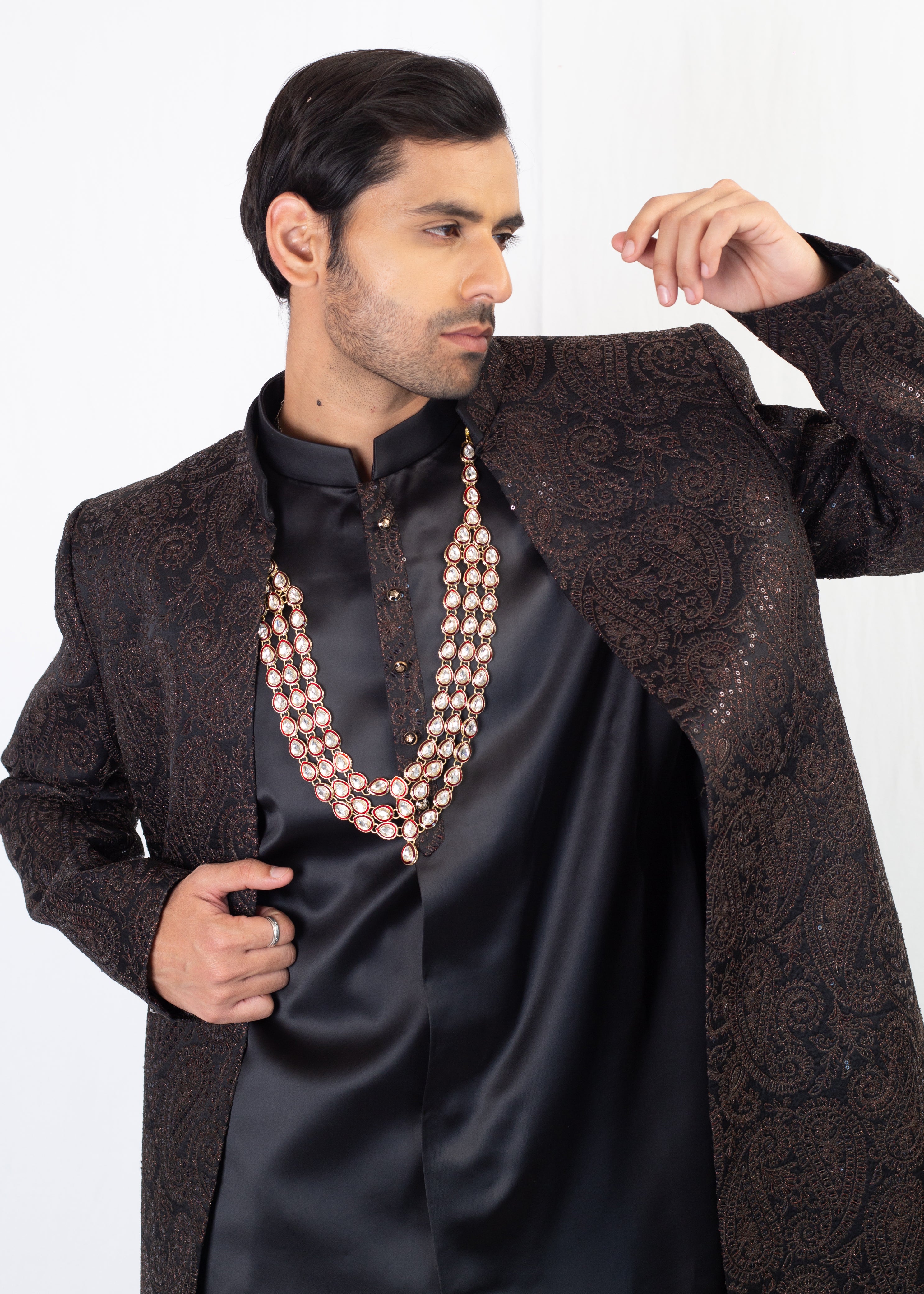 BLACK ELEGANT EMBROIDERY SHERWANI AND KURTA WITH TROUSER