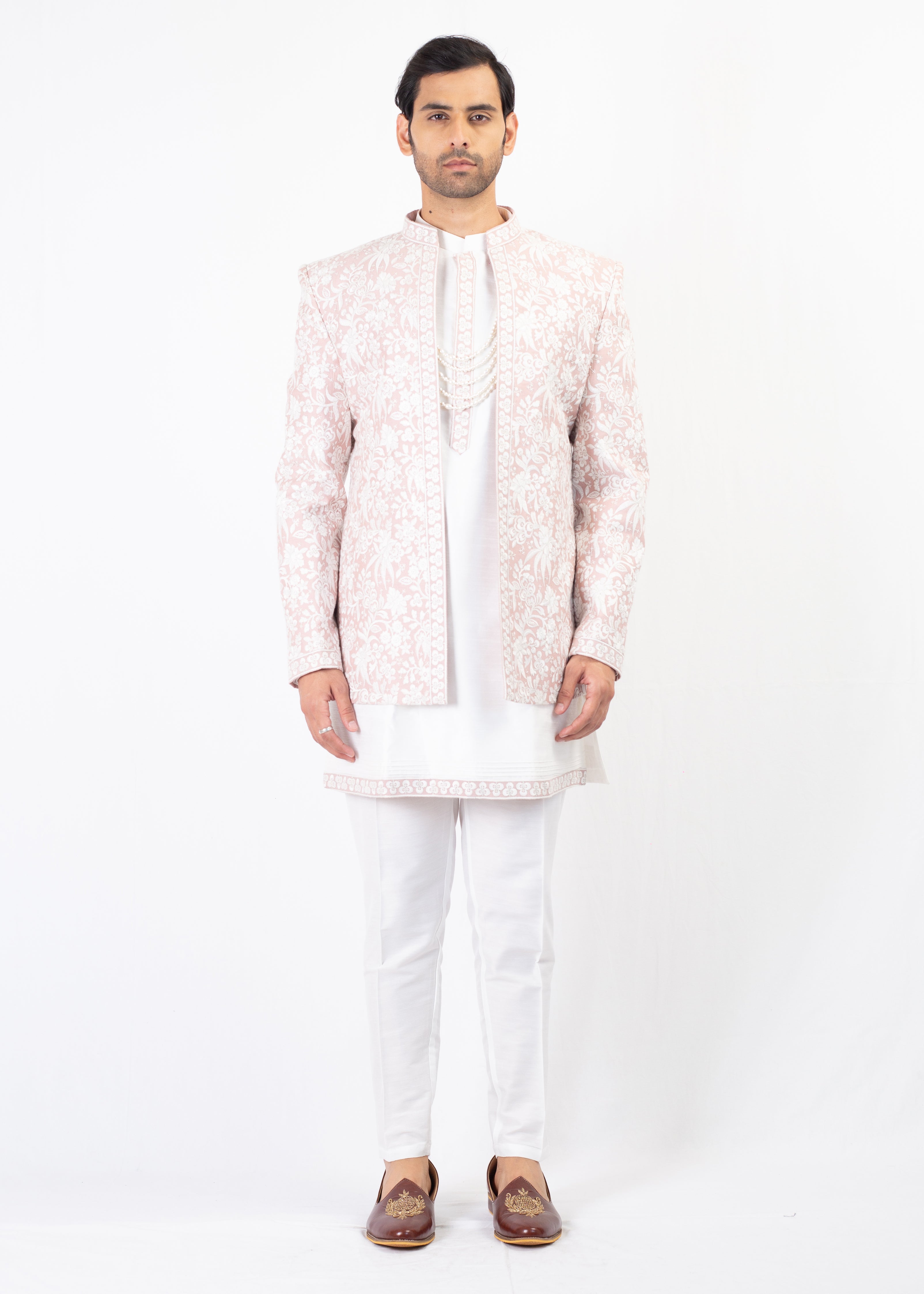 ELEGANT PEACH EMBROIDERY WAISTCOT WITH KURTA AND TROUSER