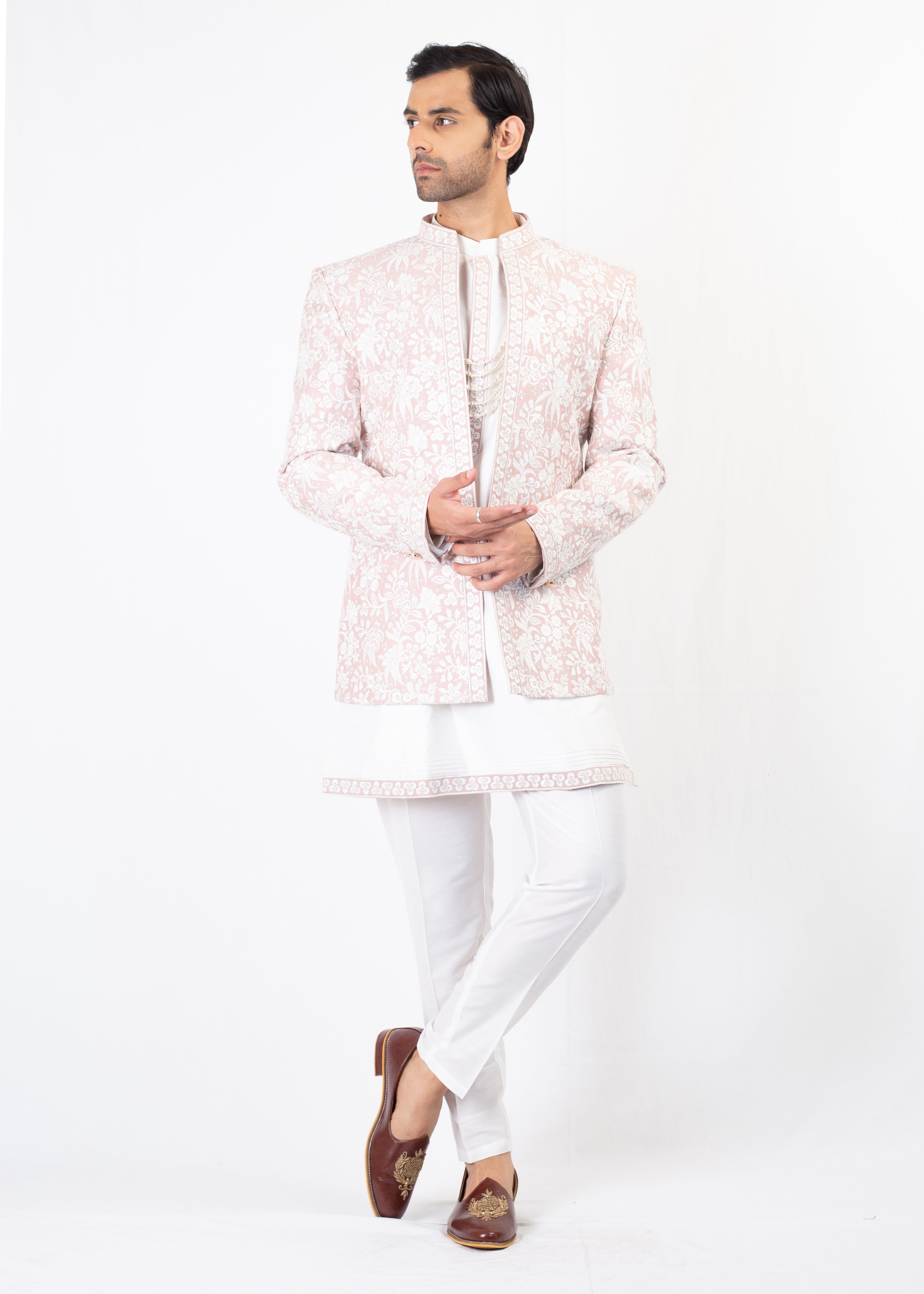 ELEGANT PEACH EMBROIDERY WAISTCOT WITH KURTA AND TROUSER